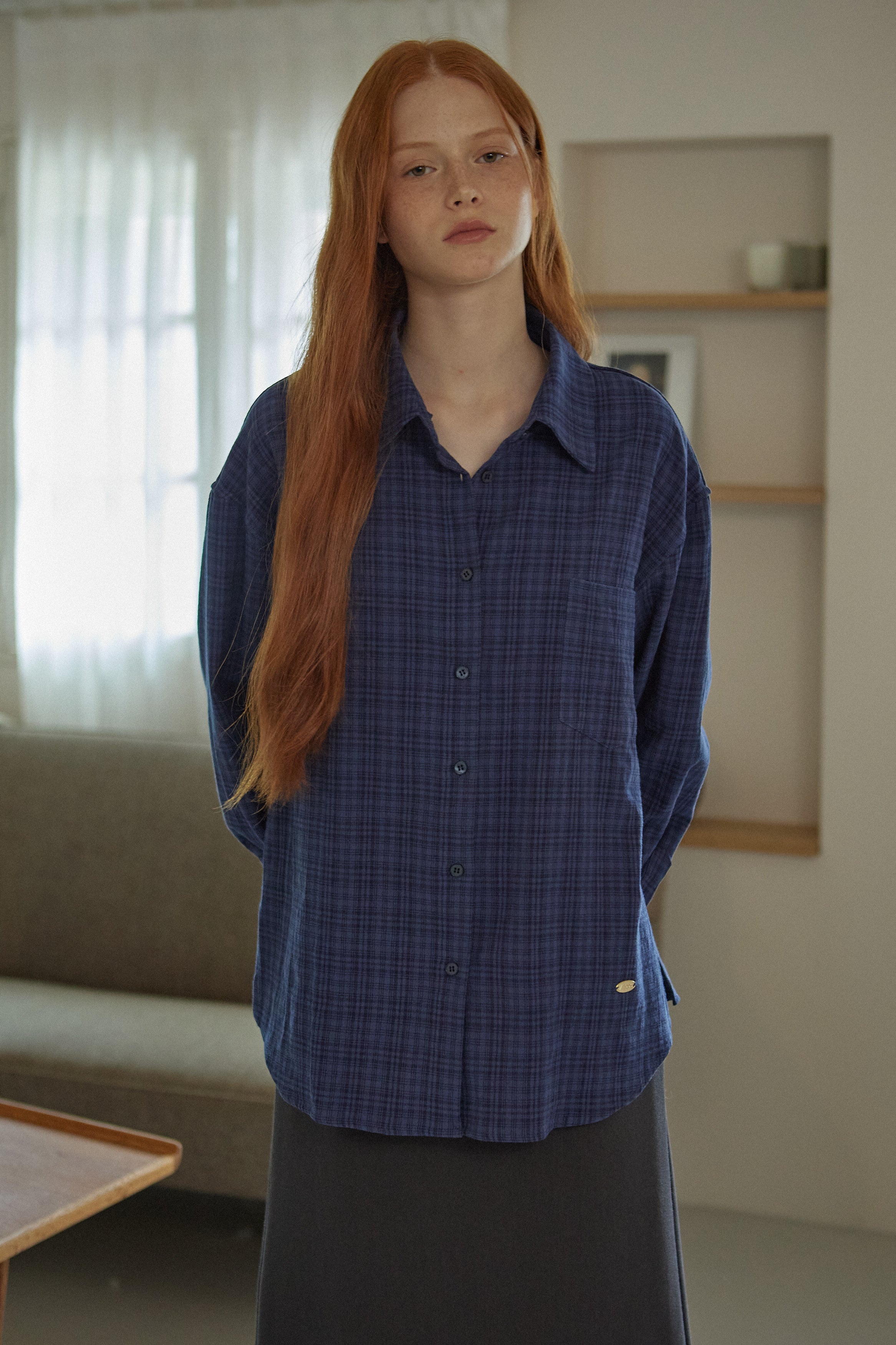 CHEMISE À CARREAUX EN COTON_BLEU MARINE