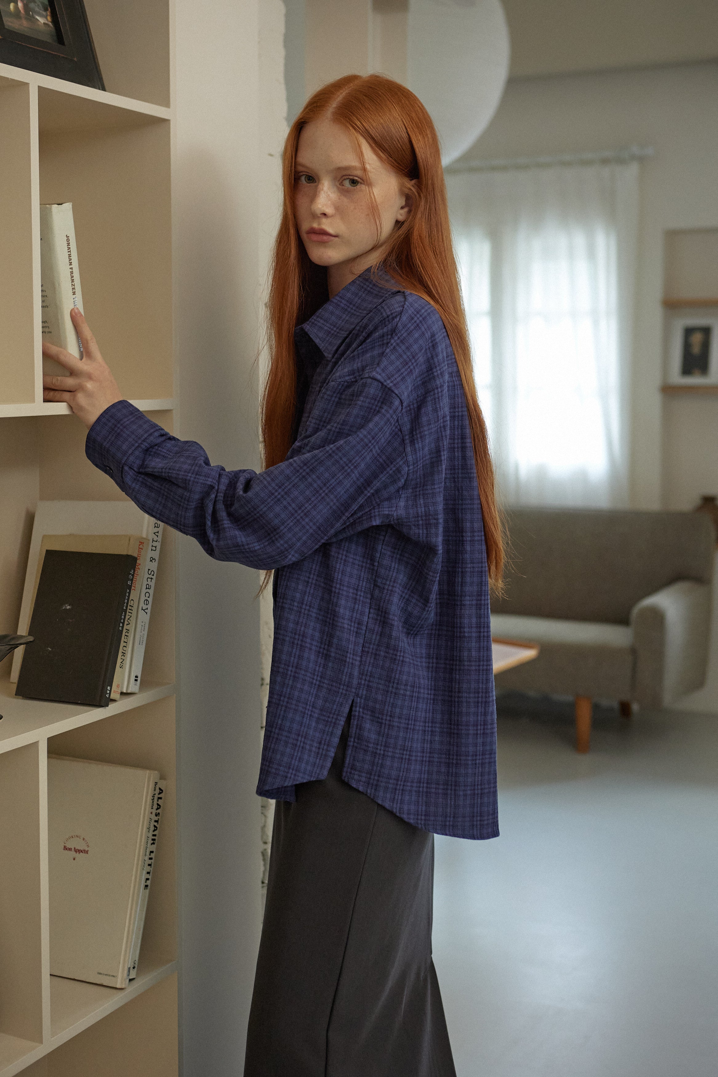 CHEMISE À CARREAUX EN COTON_BLEU MARINE