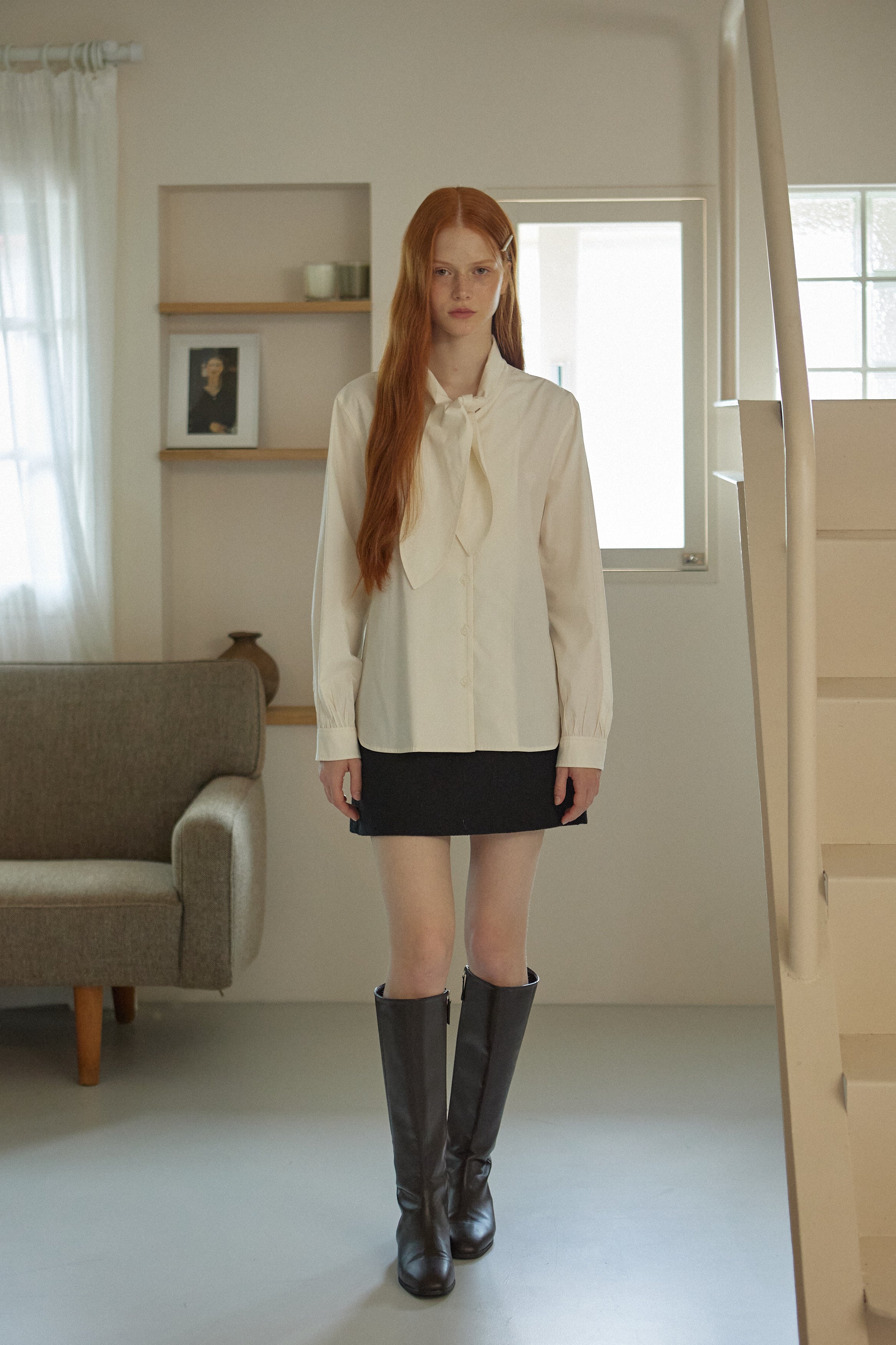 CHEMISE EN COTON AVEC NŒUD_CRÈME