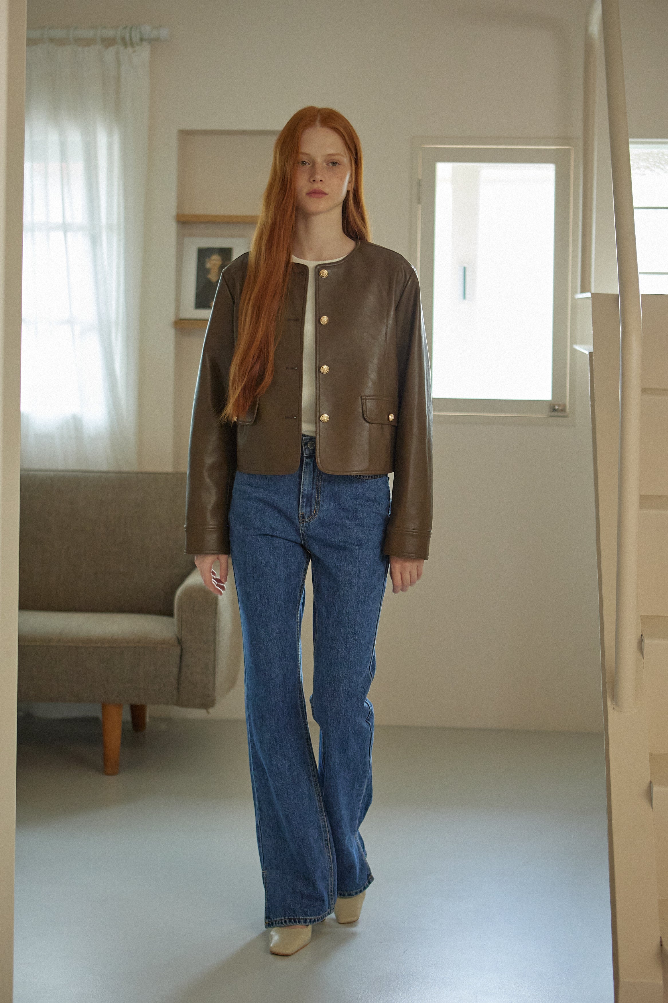 ROUND LEATHER JACKET_BROWN