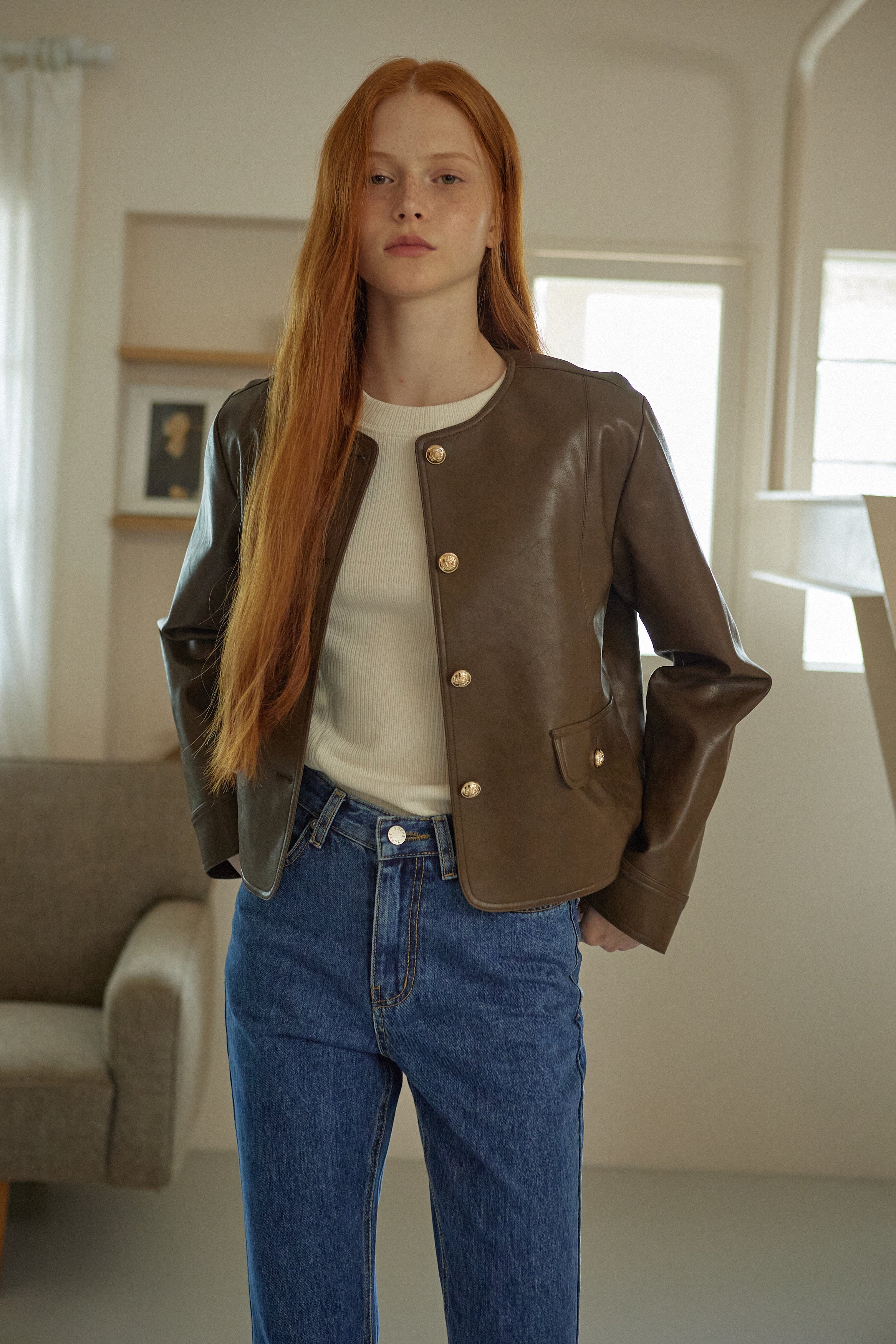 ROUND LEATHER JACKET_BROWN