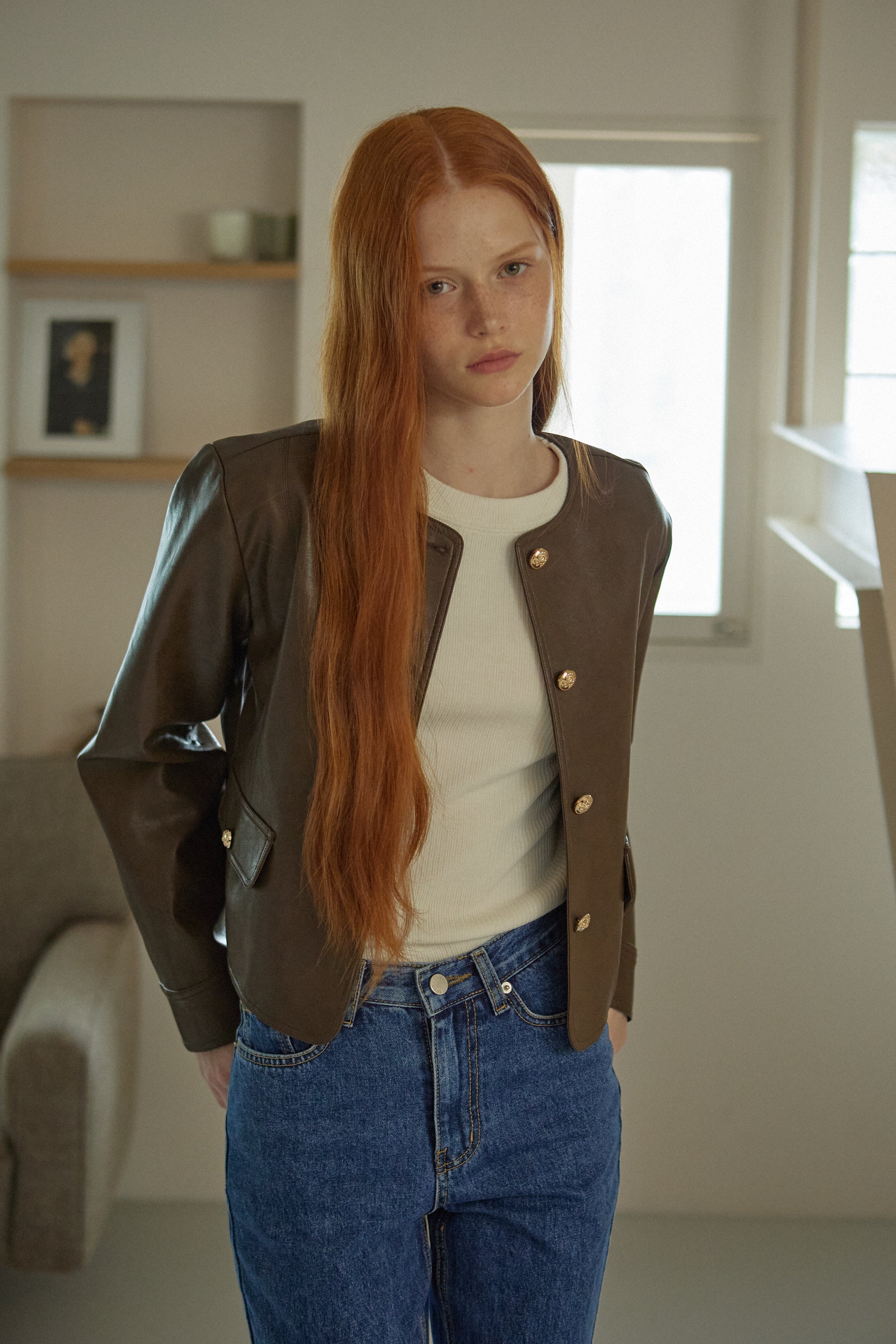 ROUND LEATHER JACKET_BROWN