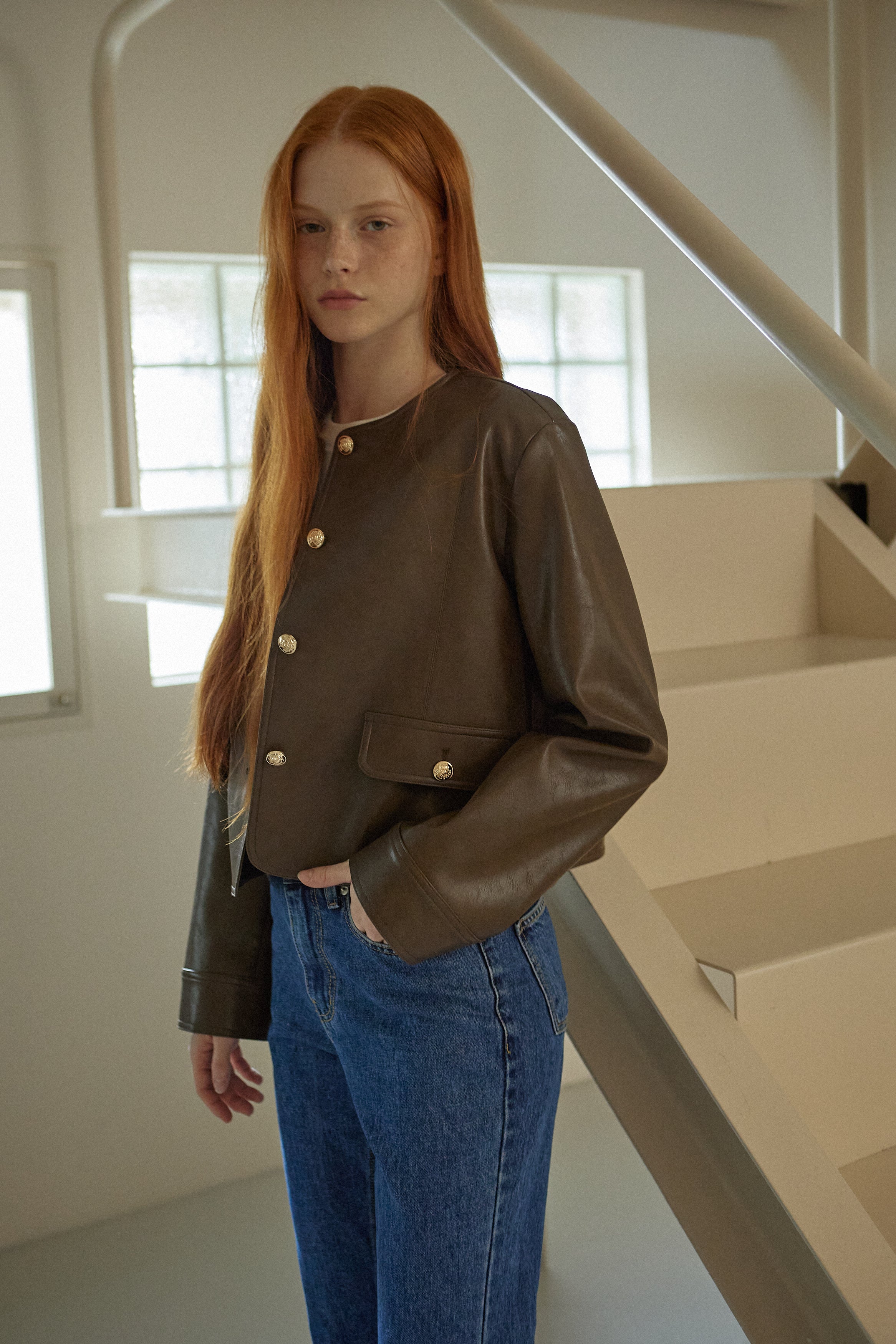 ROUND LEATHER JACKET_BROWN