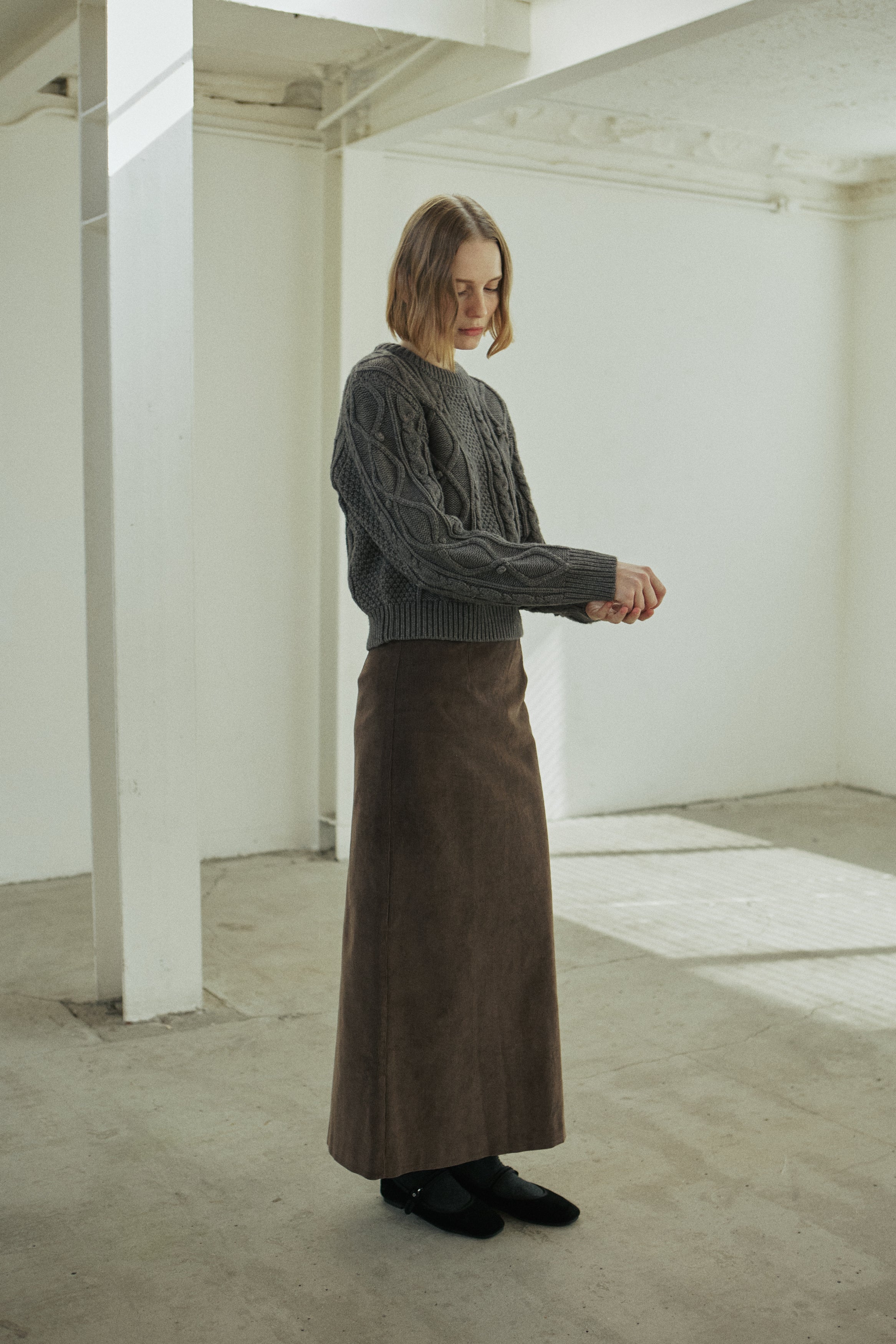CORDUROY LINE SKIRT_BROWN