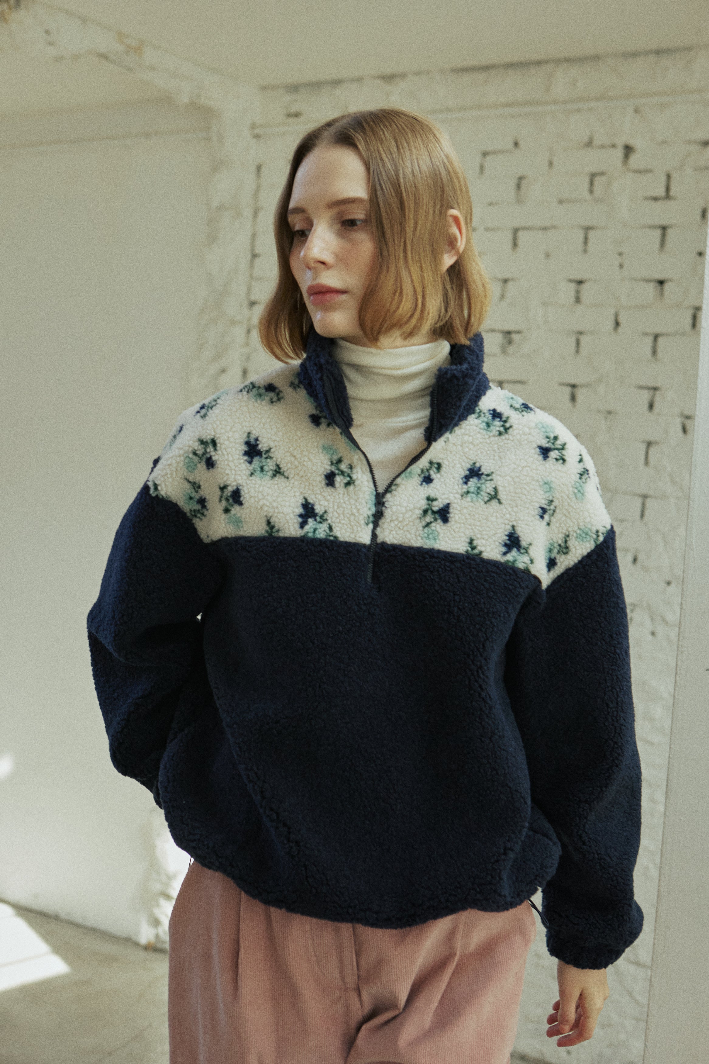 FLOWER FLEECE ZIP UP_NAVY