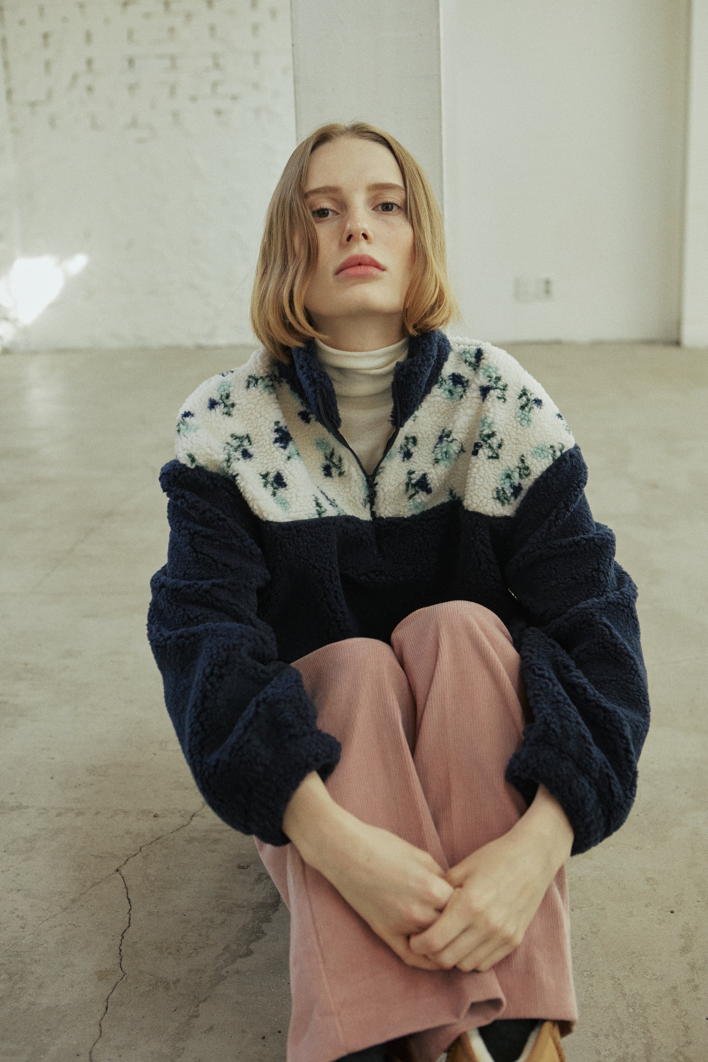 FLOWER FLEECE ZIP UP_NAVY