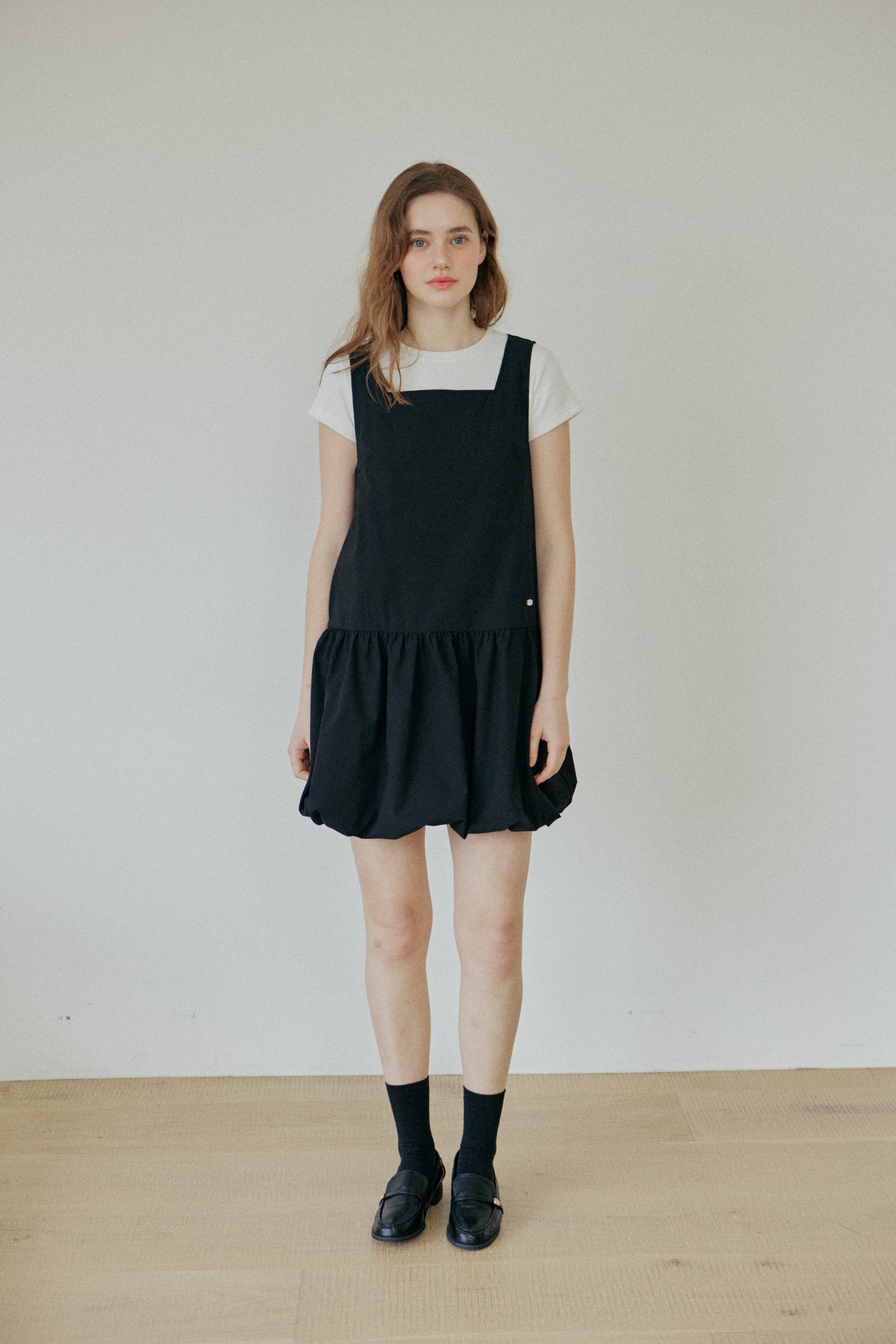 BALLOON SHIRRING DRESS_BLACK