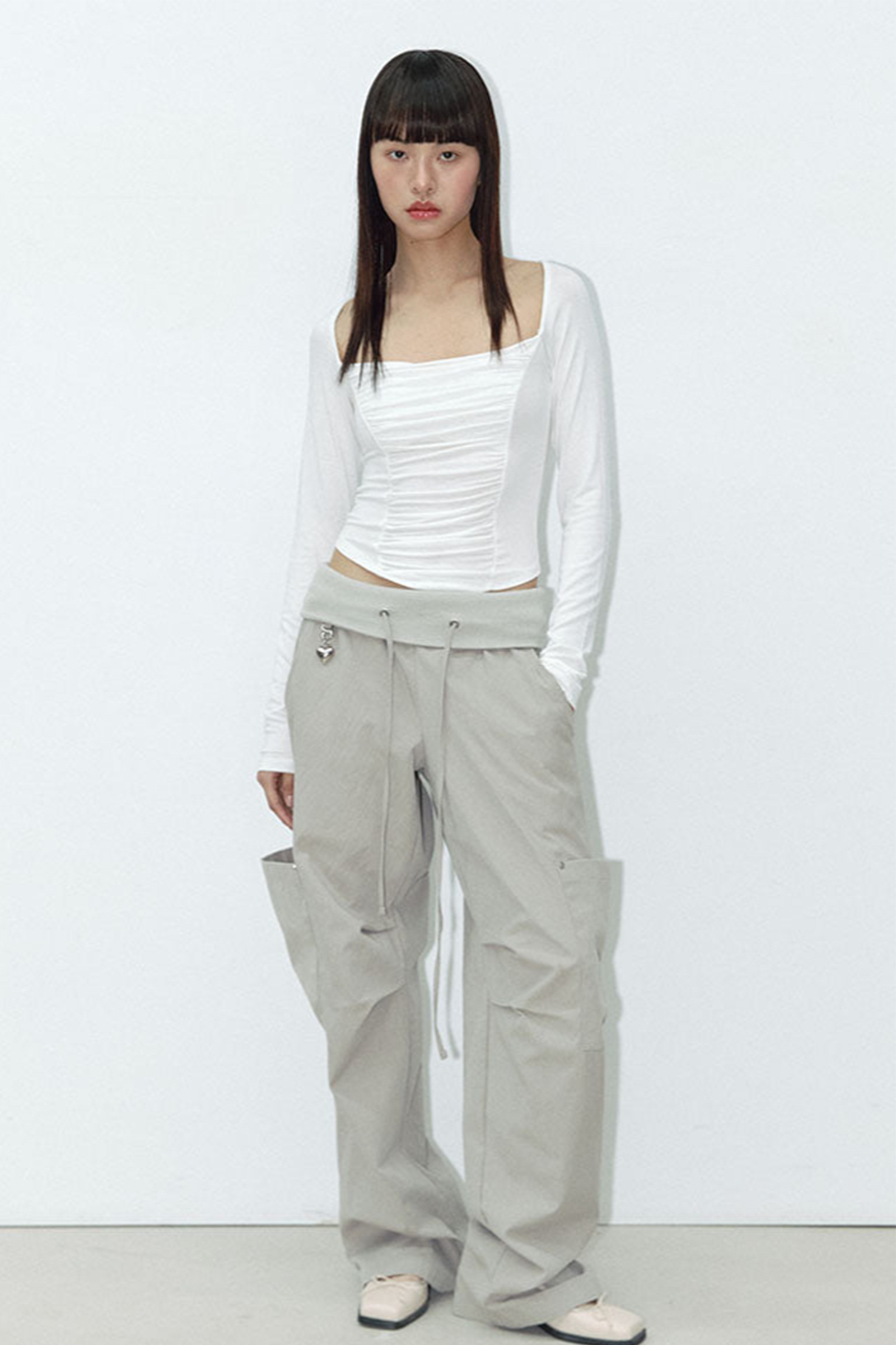 WIDE SQUARE SHIRRING T_IVORY