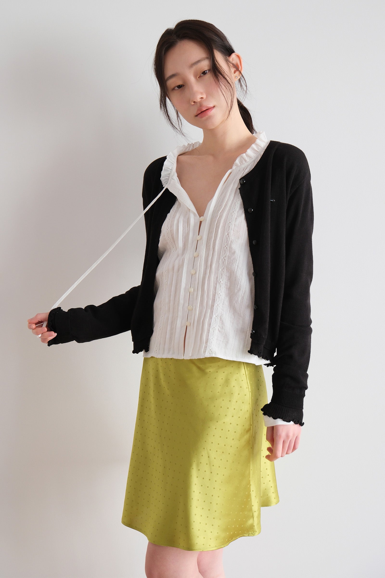 MOUI SATIN DOT MIDI SKIRT_OLIVE