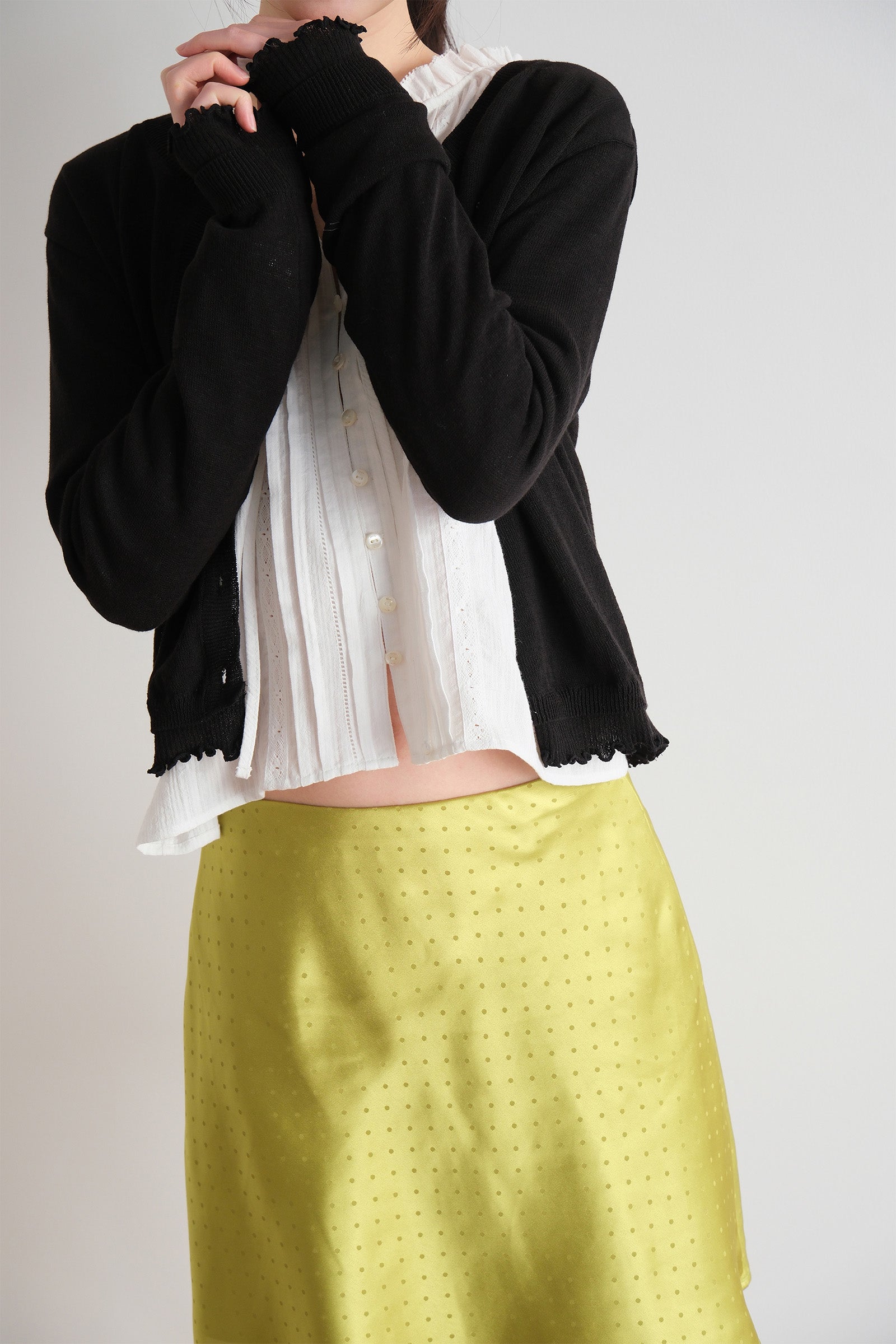 MOUI SATIN DOT MIDI SKIRT_OLIVE