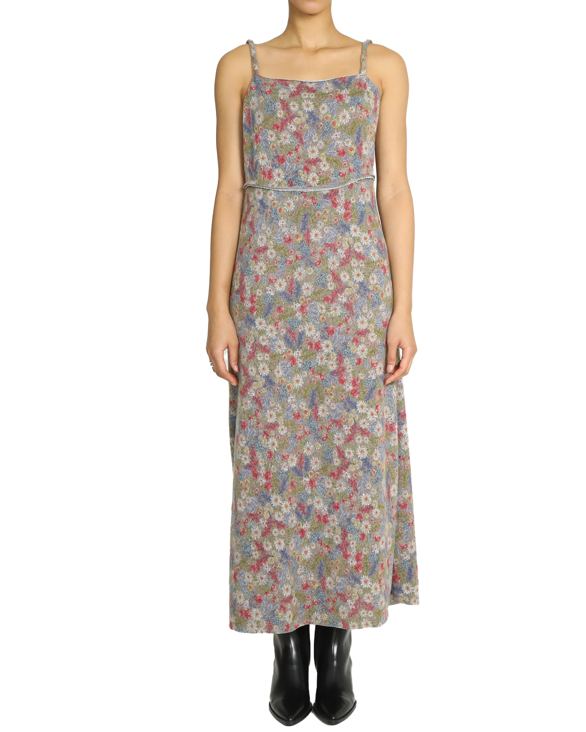 FLOWER PATTERN BRUSHED KNIT DRESS_KHAKI