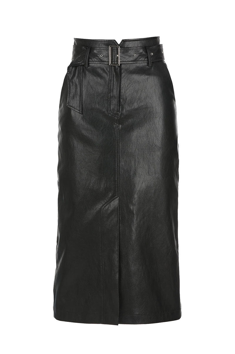 JUPE TAILLE HAUTE EN SIMILI CUIR_NOIR
