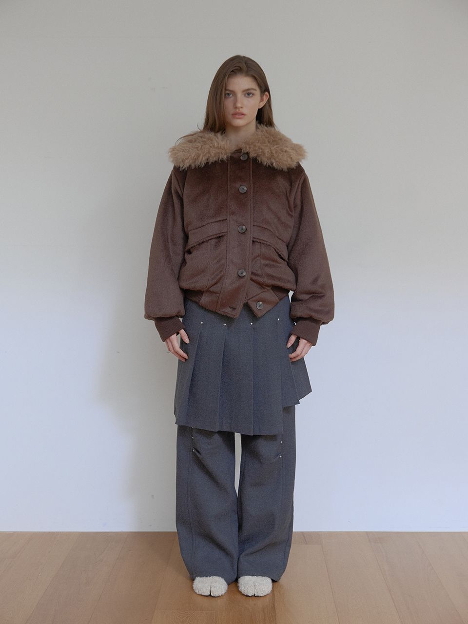 VESTE RÉVERSIBLE À COL EN FOURRURE_MARRON