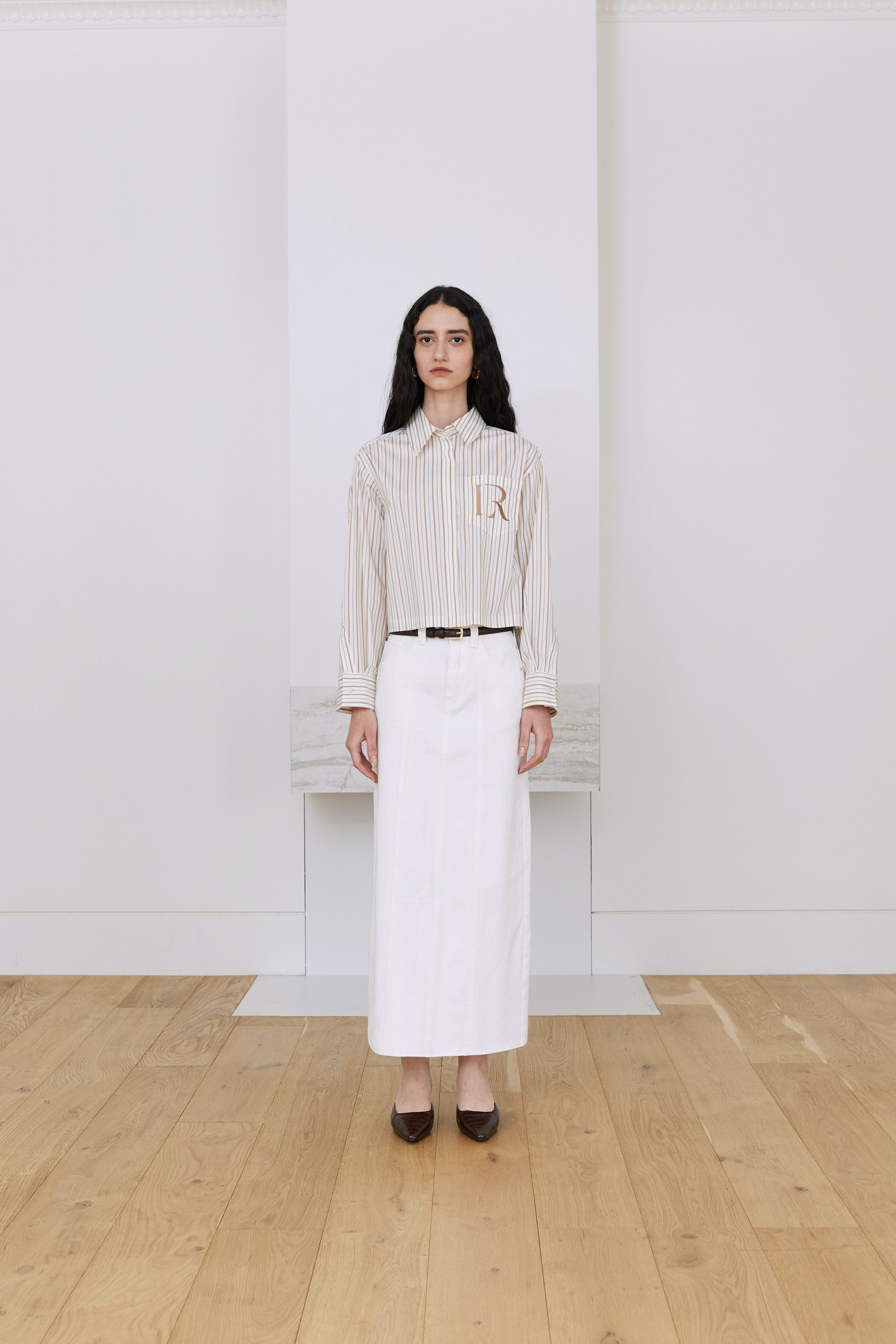 CHEMISE COURTE RAYÉE LOGO R_BEIGE