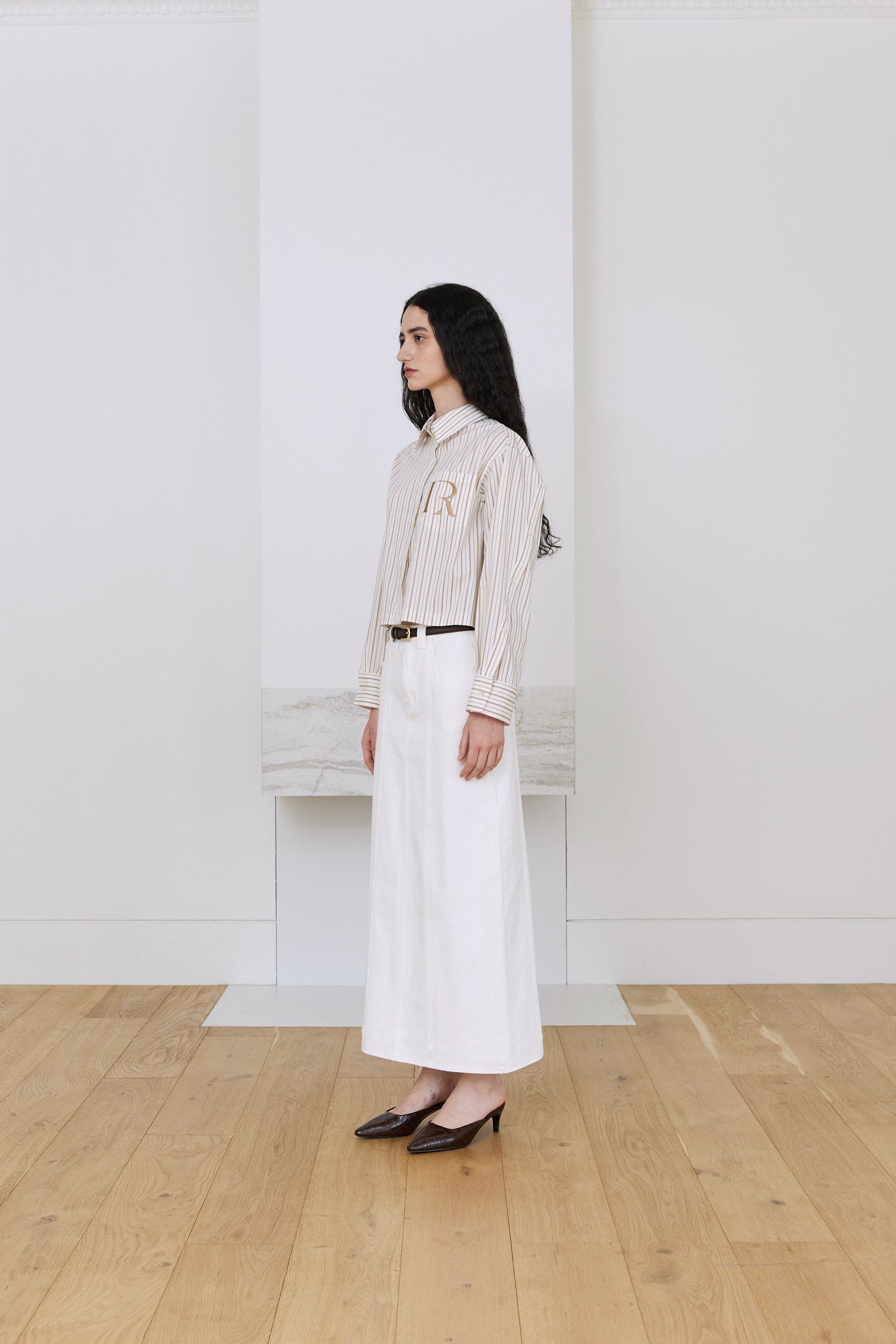CHEMISE COURTE RAYÉE LOGO R_BEIGE