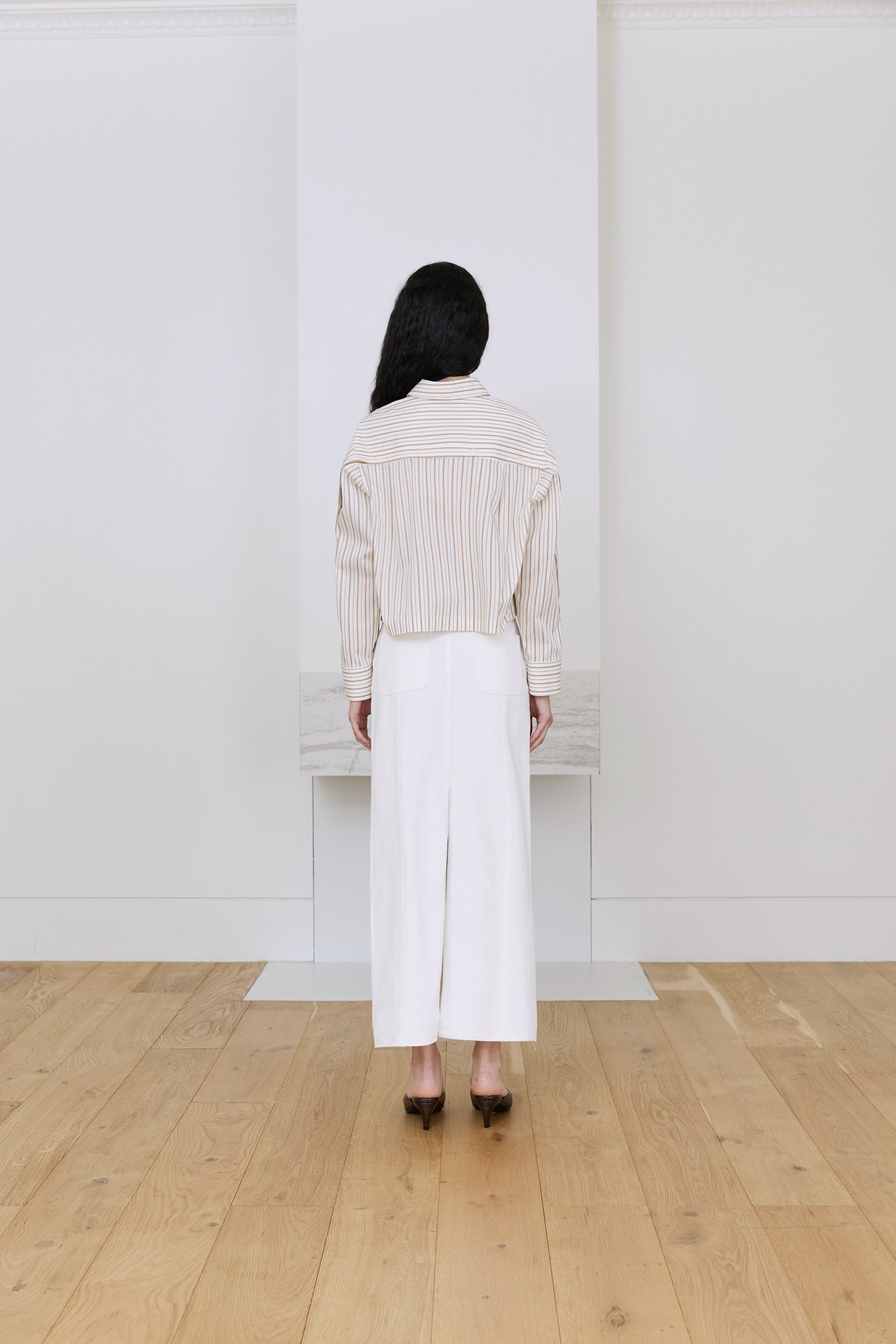 CHEMISE COURTE RAYÉE LOGO R_BEIGE