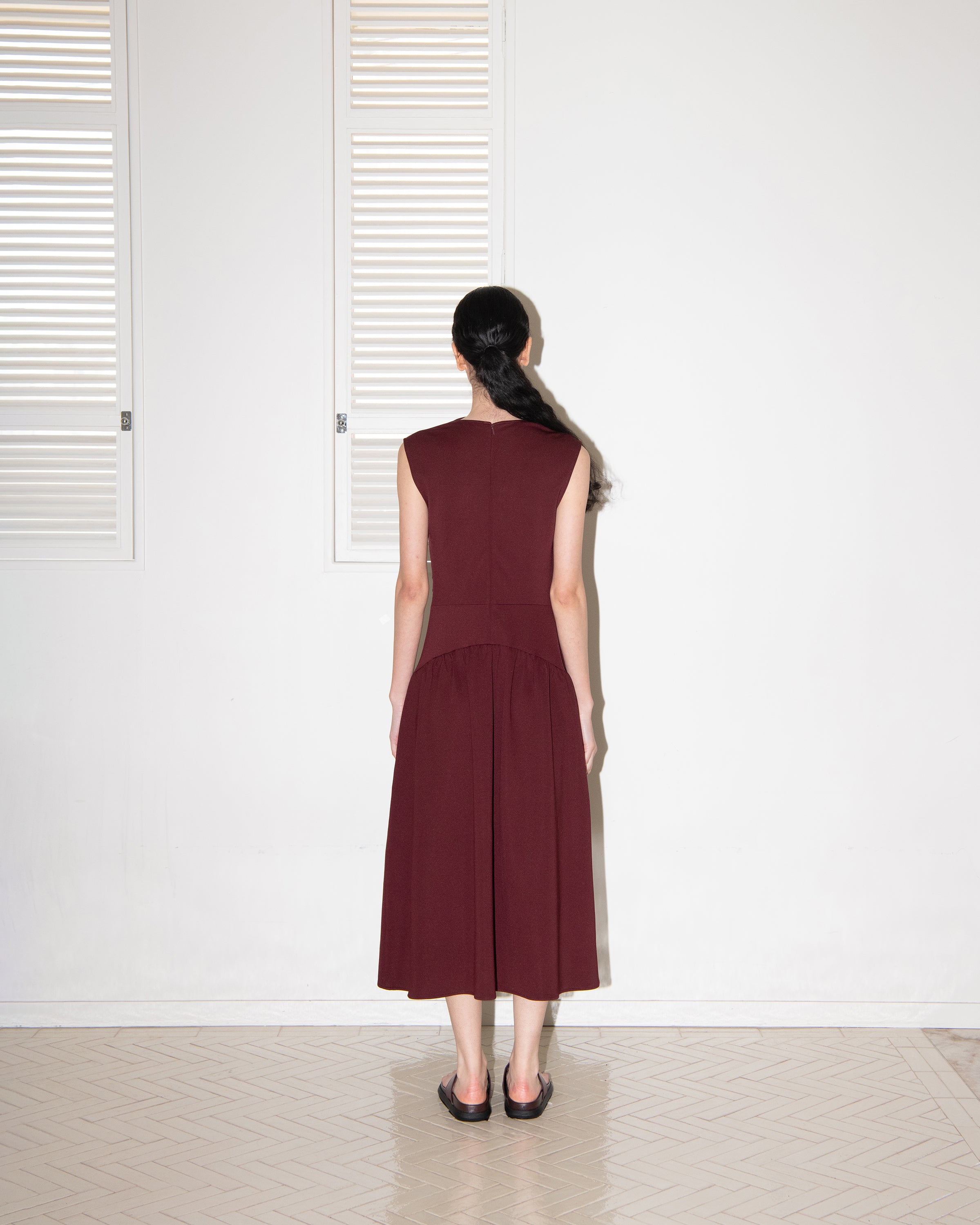 JERSEY DRAPED SLIM DRESS_BURGUNDY