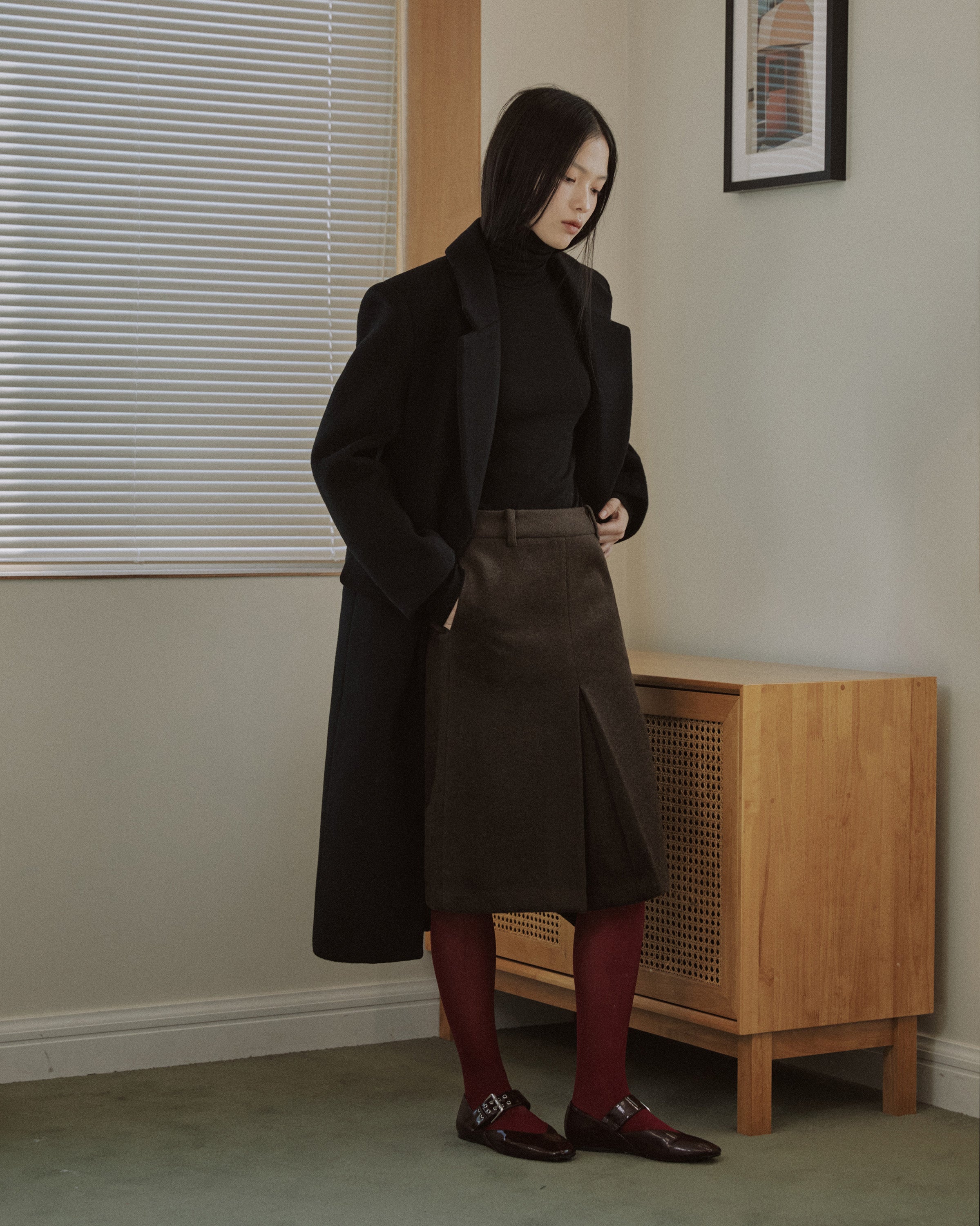 WOOL BLEND FRONT TUCK SLIM SKIRT_BROWN