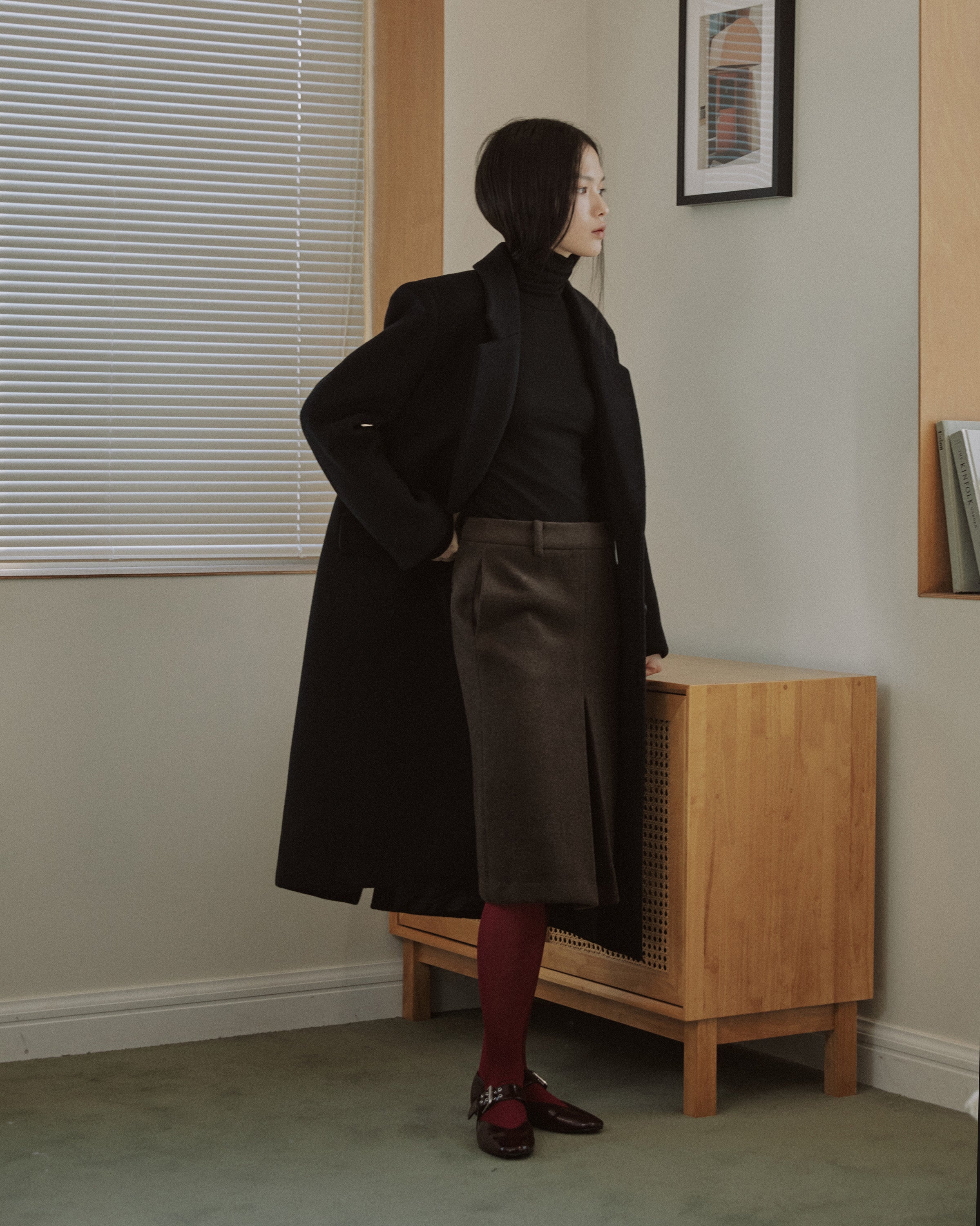 WOOL BLEND FRONT TUCK SLIM SKIRT_BROWN