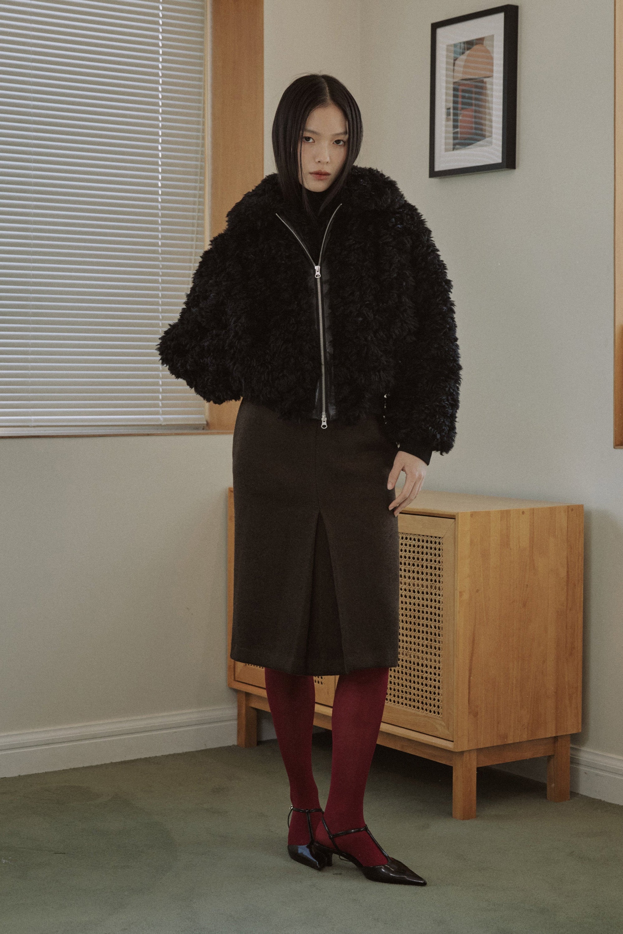 WOOL BLEND FRONT TUCK SLIM SKIRT_BROWN