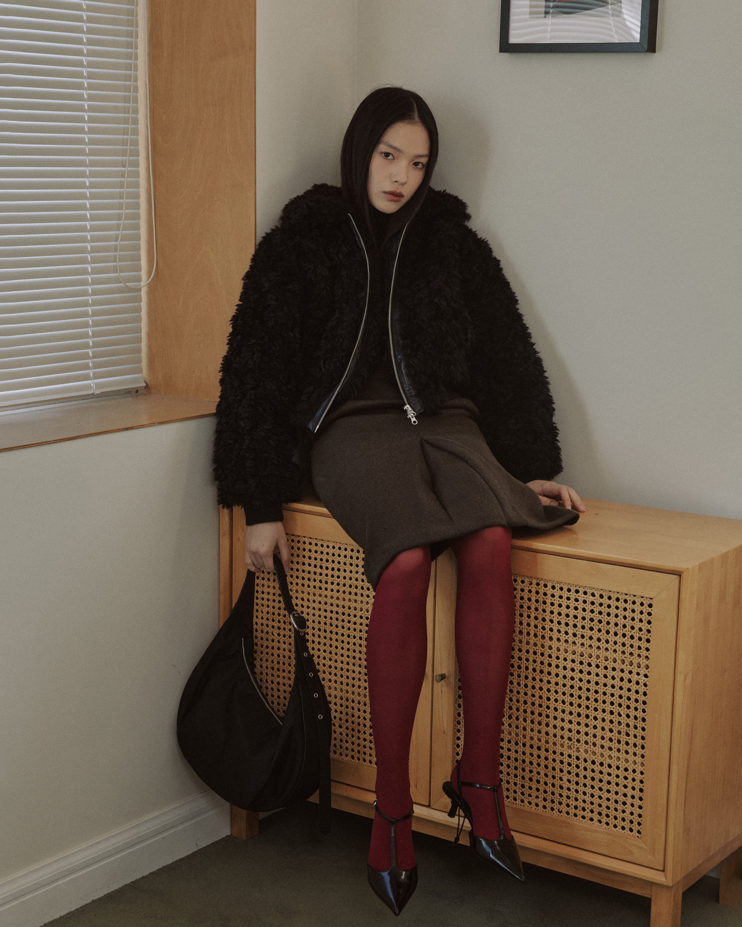 WOOL BLEND FRONT TUCK SLIM SKIRT_BROWN