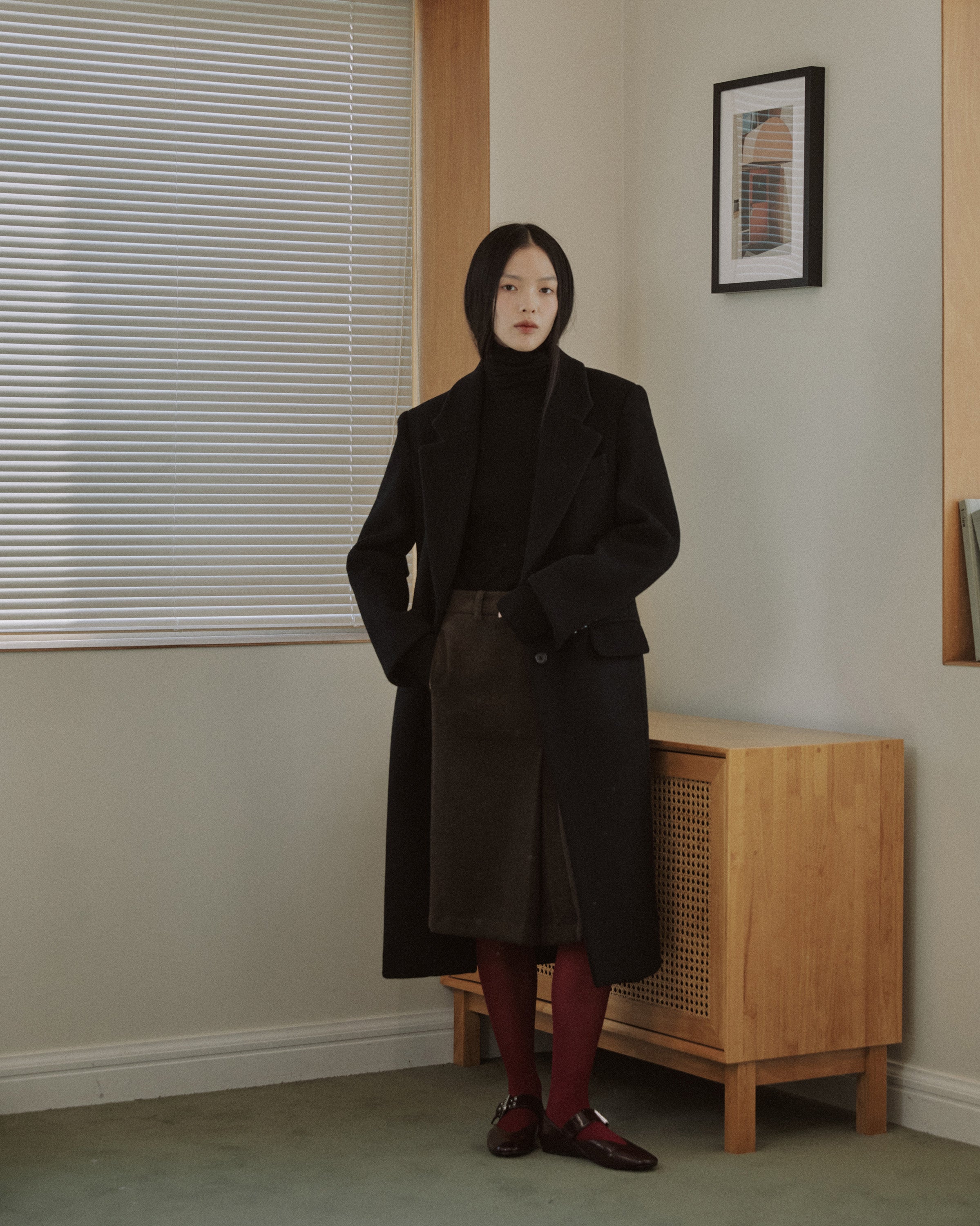 WOOL BLEND FRONT TUCK SLIM SKIRT_BROWN