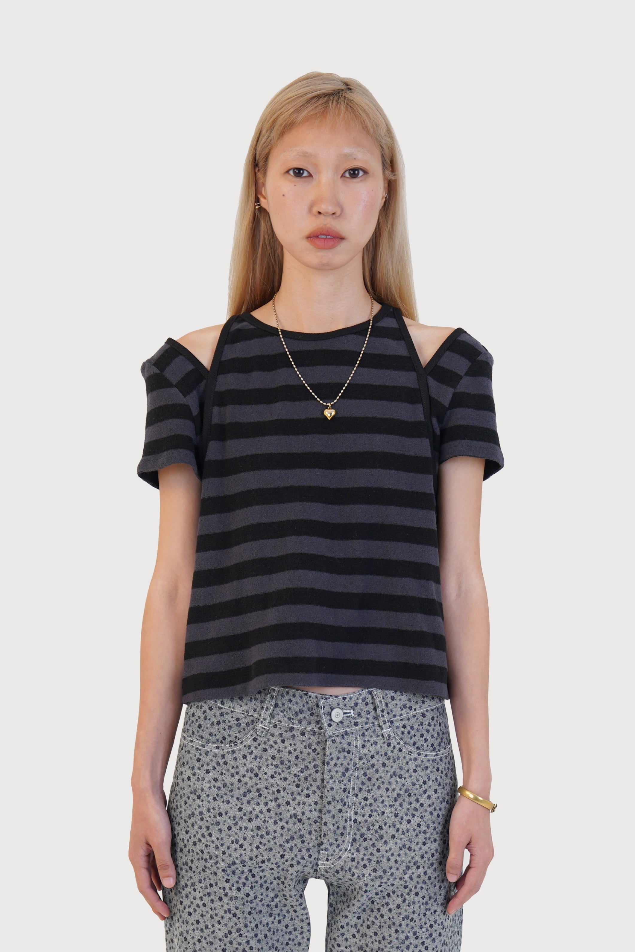 STRIPE TERRY SLIT TOP_BLACK