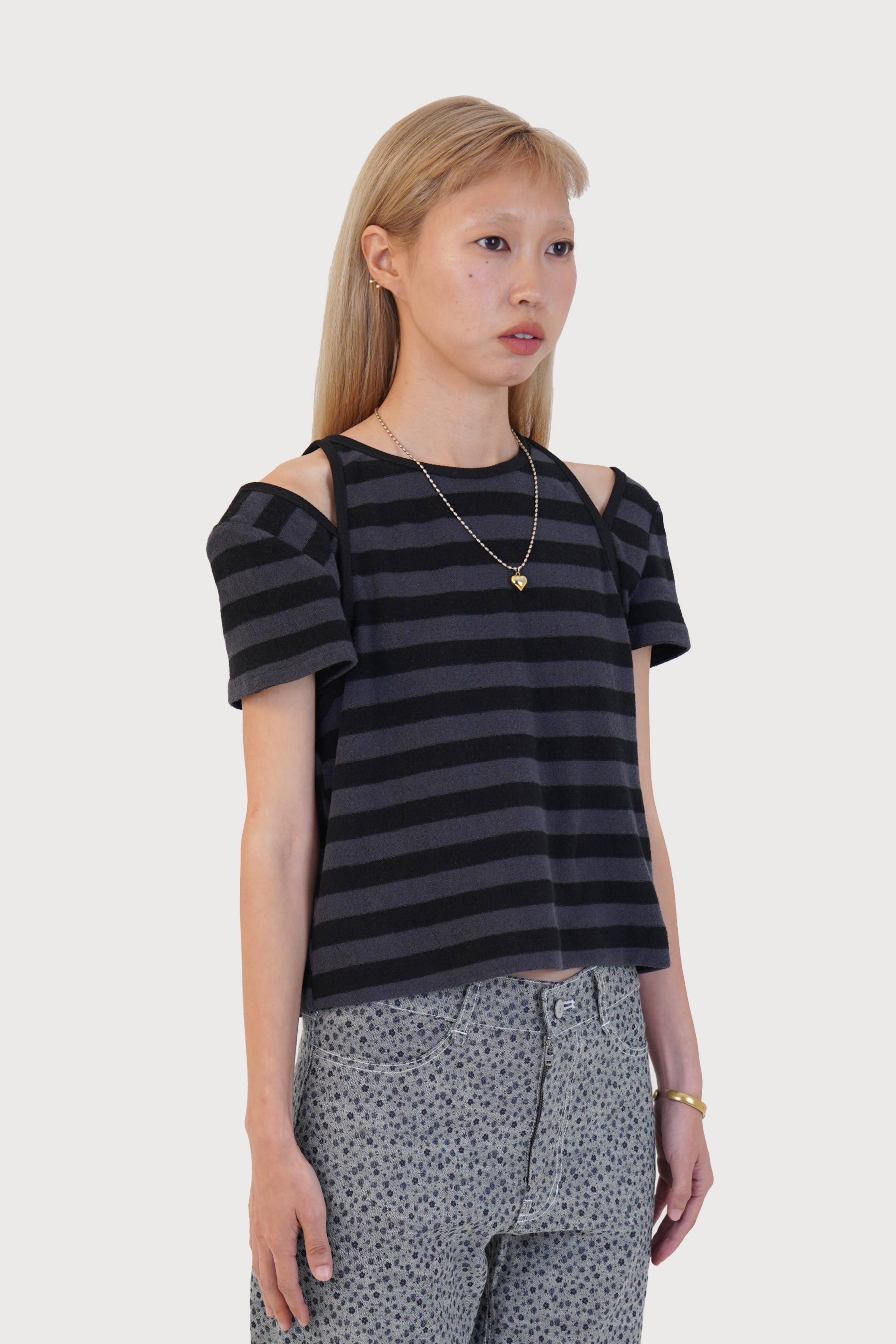 STRIPE TERRY SLIT TOP_BLACK