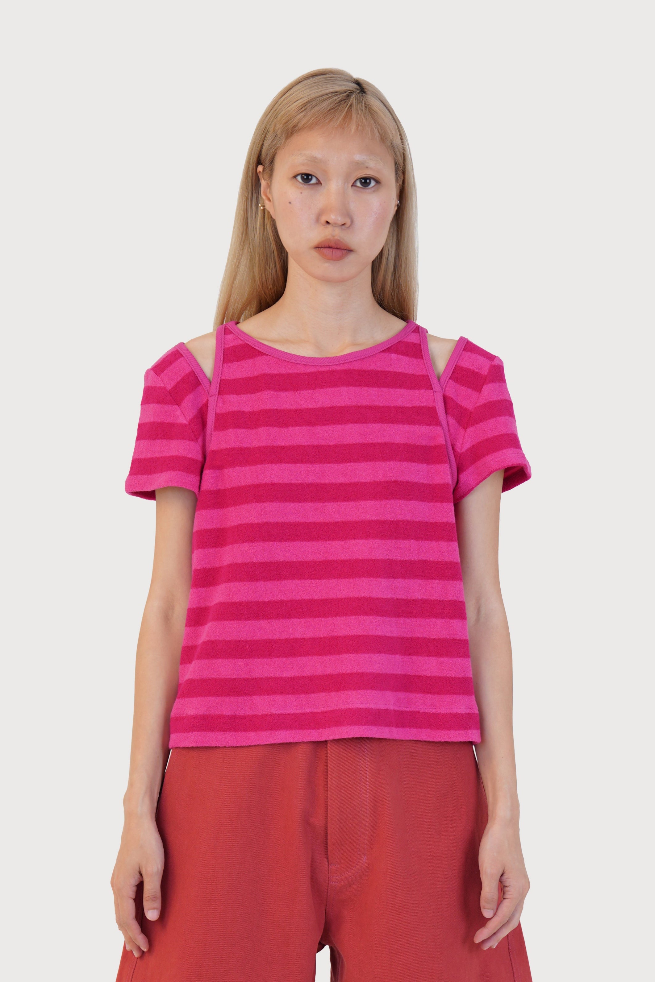 STRIPE TERRY SLIT TOP_PINK