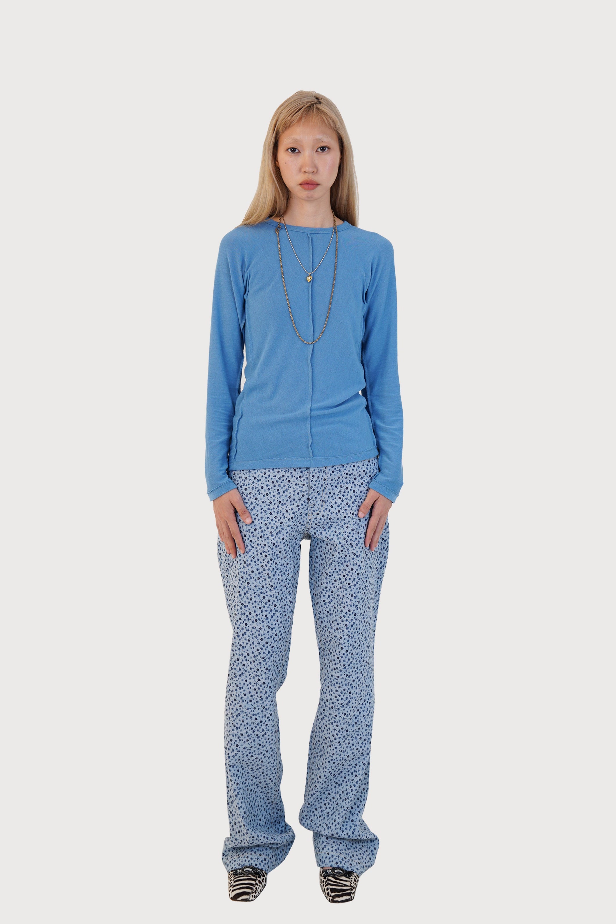 VINTAGE FLORAL PRINTED COTTON PANTS_BLUE