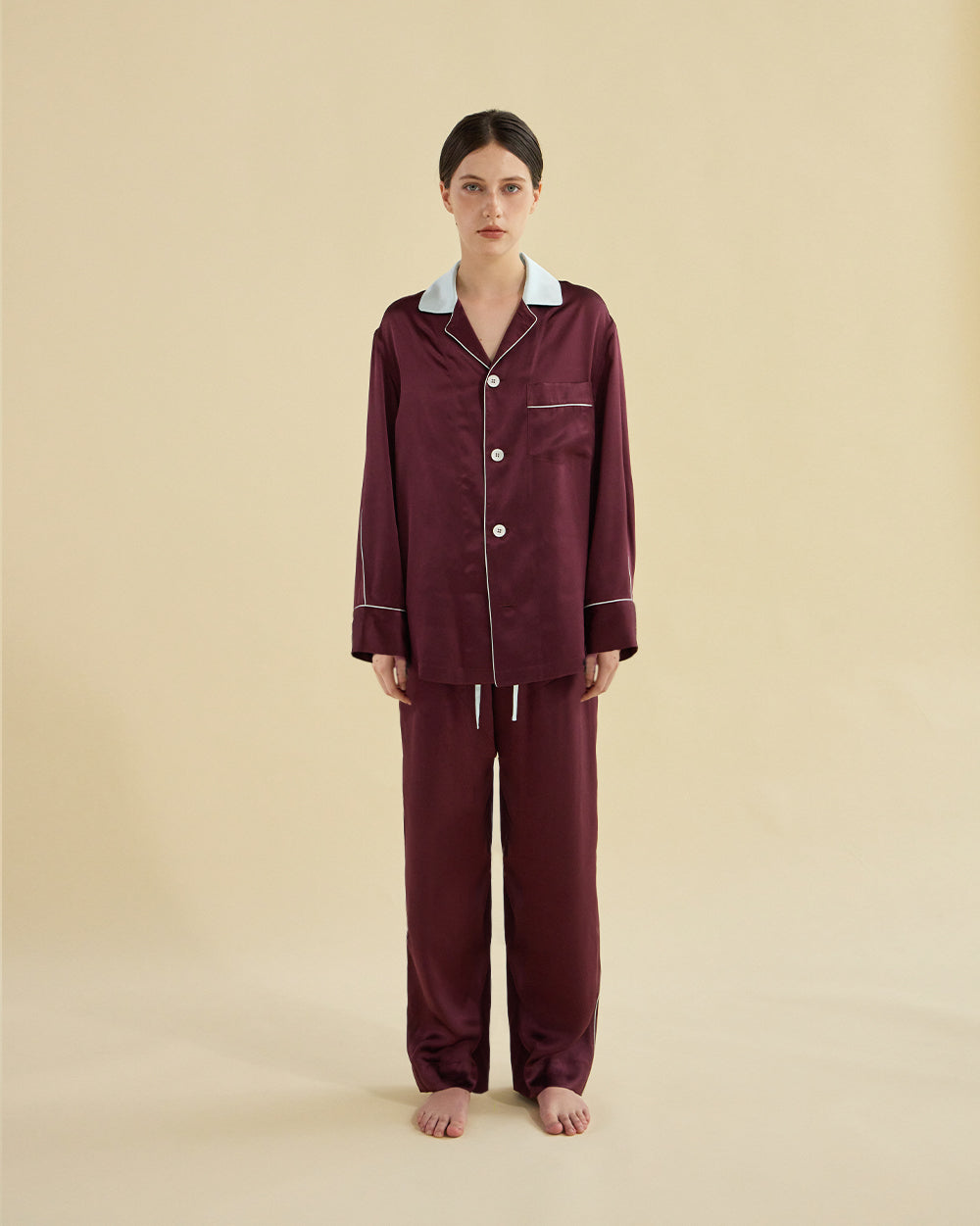 WINE VELVET SILK PAJAMA_BURGUNDY