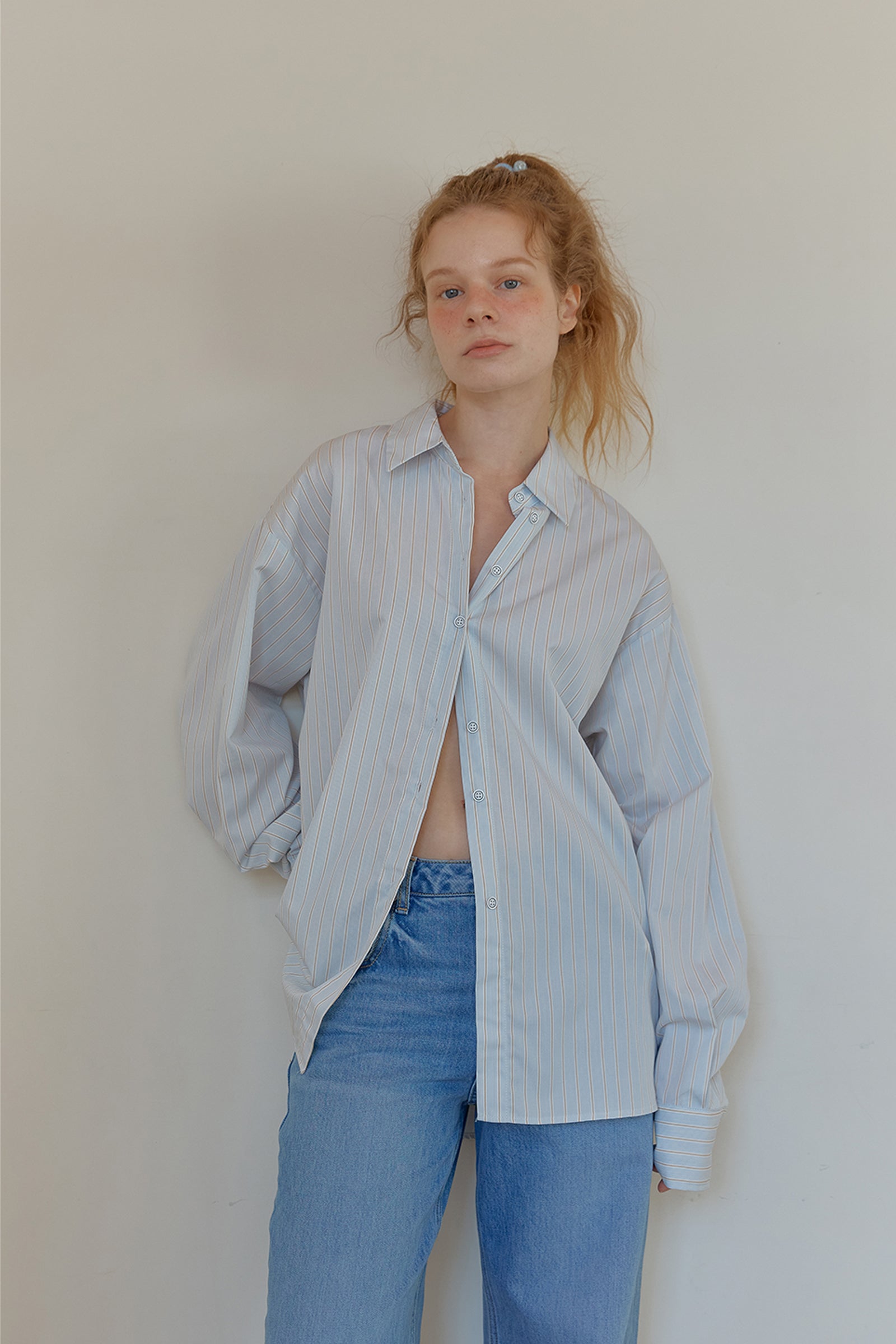 BUTTON POINTED STRIP SHIRT_BLUE