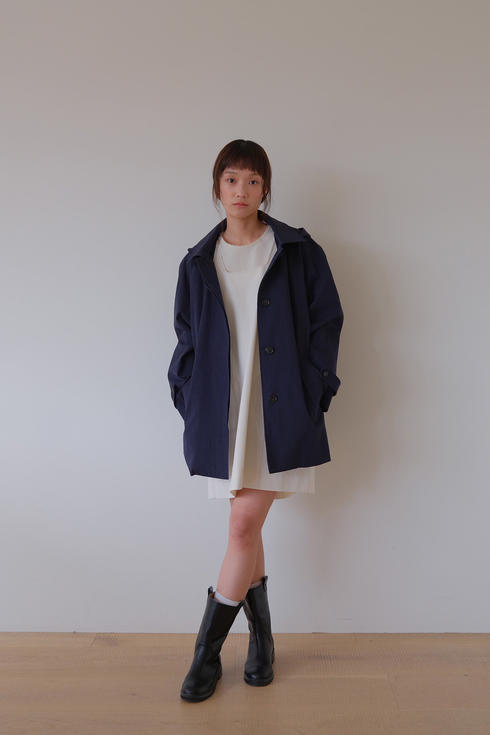 MOUI HOODED HALF TRENCH COAT _BLEU MARINE