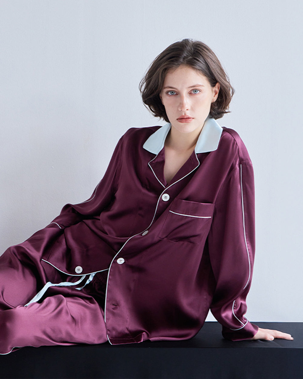 WINE VELVET SILK PAJAMA_BURGUNDY