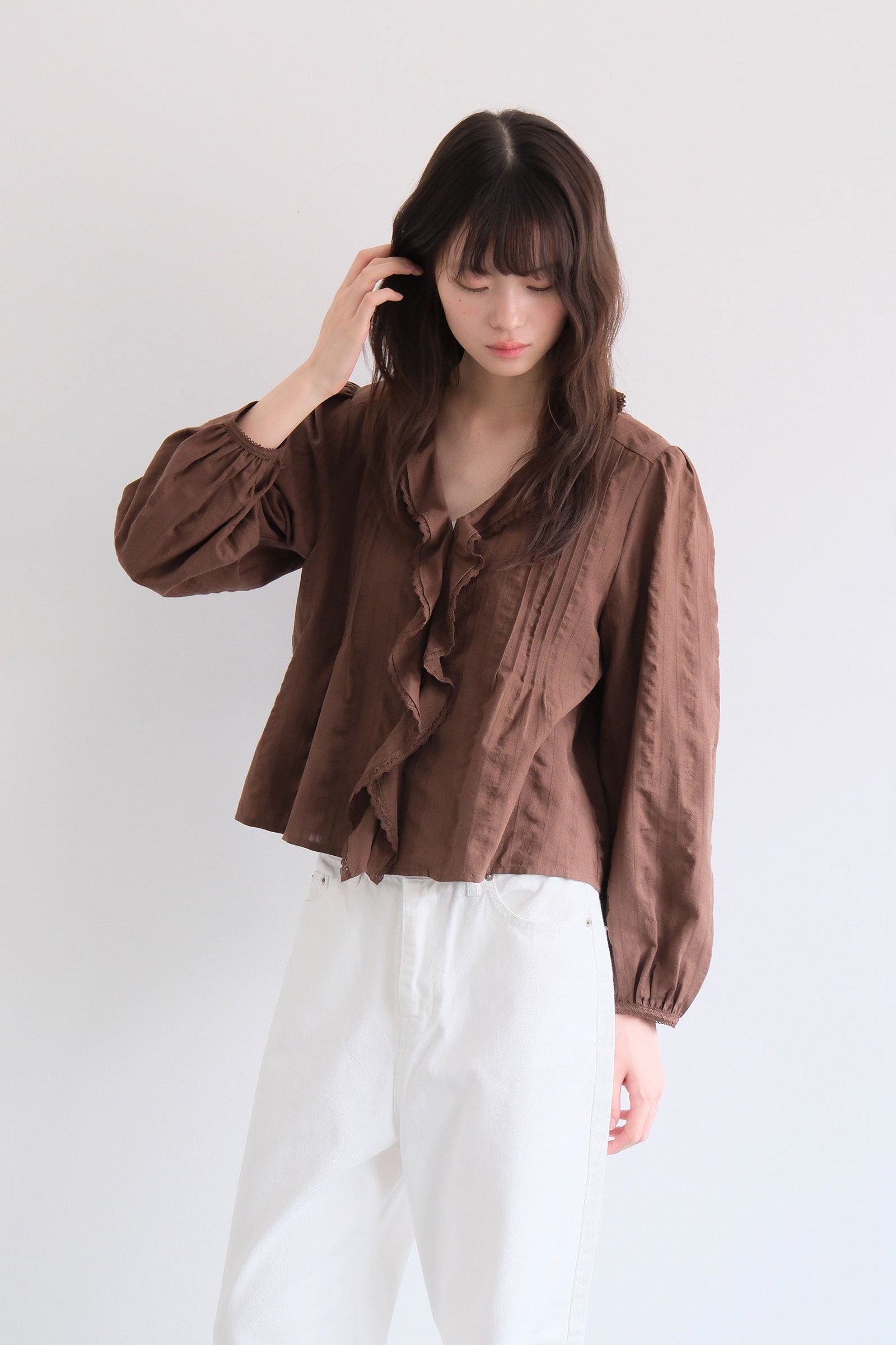 RUFFLE LACE BLOUSE_BROWN