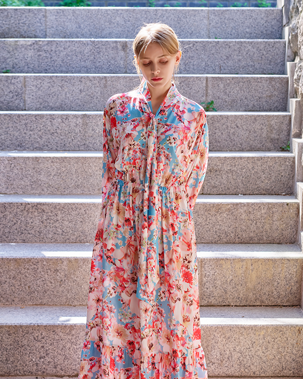 2DREAMERS, ROBE MAXI À CRAVATE MOTIF FLEURI