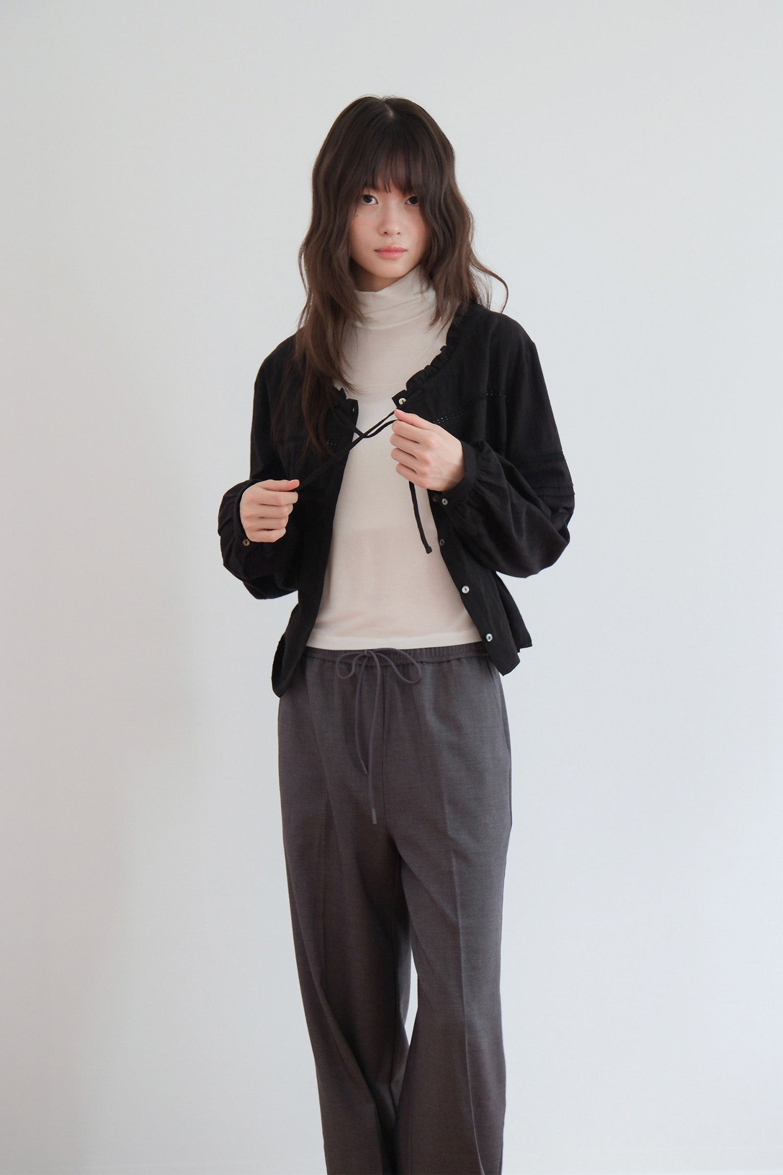 WOOL BANDING SLACKS_CHACOAL