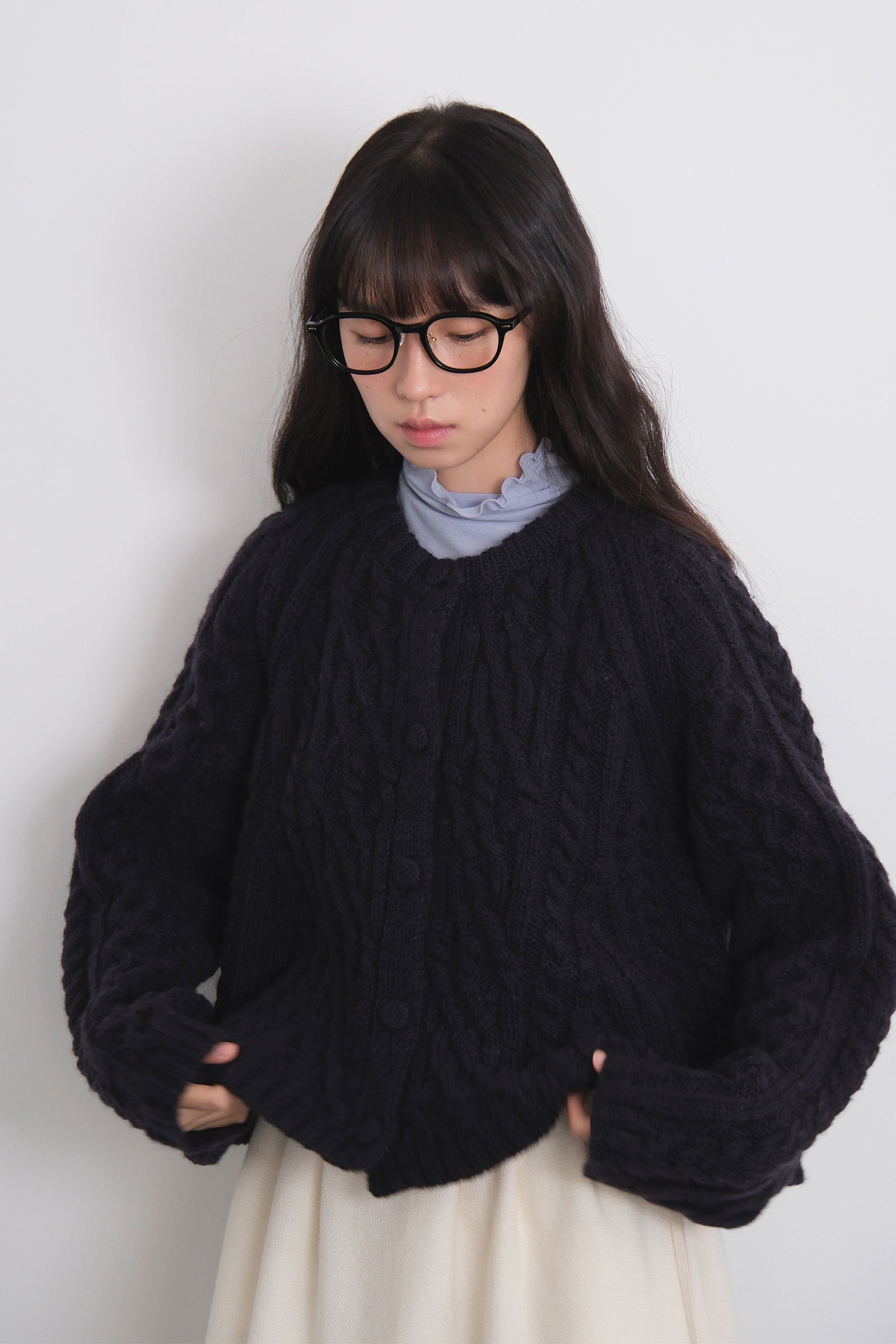 FLARE CABLE KNIT CARDIGAN_NAVY