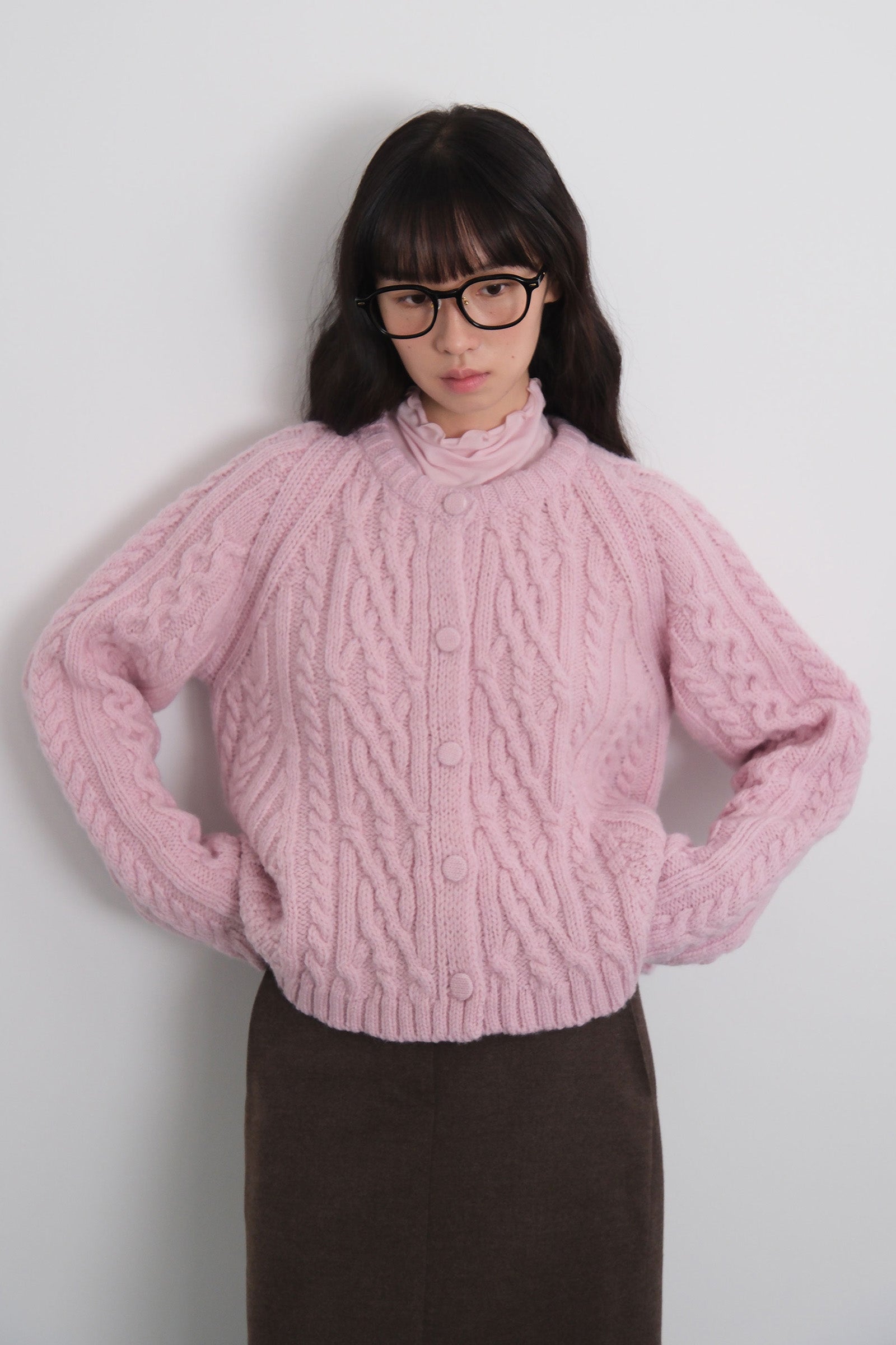 FLARE CABLE KNIT CARDIGAN_PINK