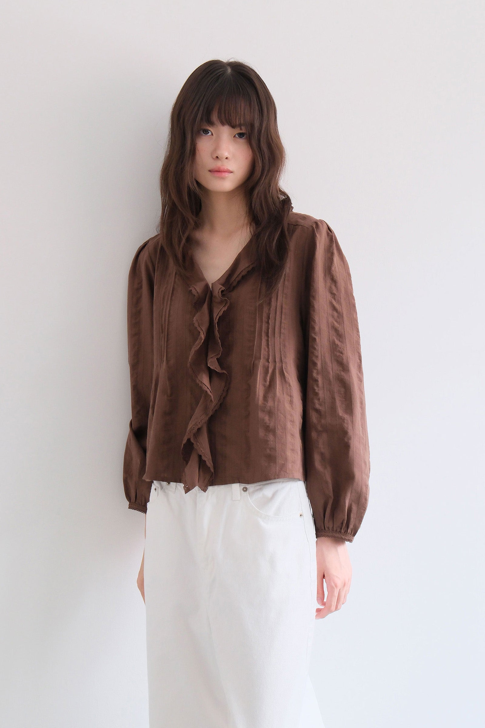 RUFFLE LACE BLOUSE_BROWN