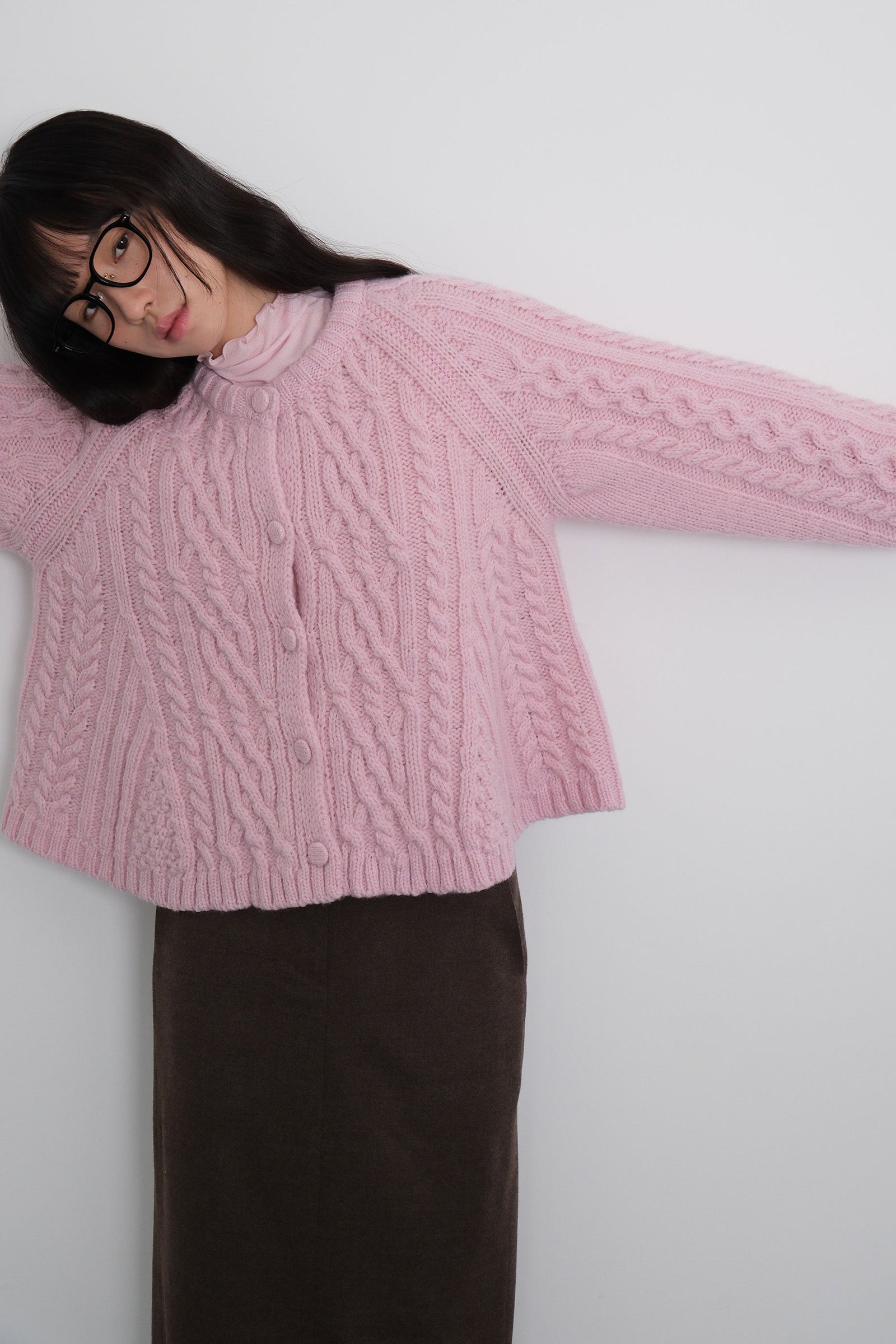 FLARE CABLE KNIT CARDIGAN_PINK