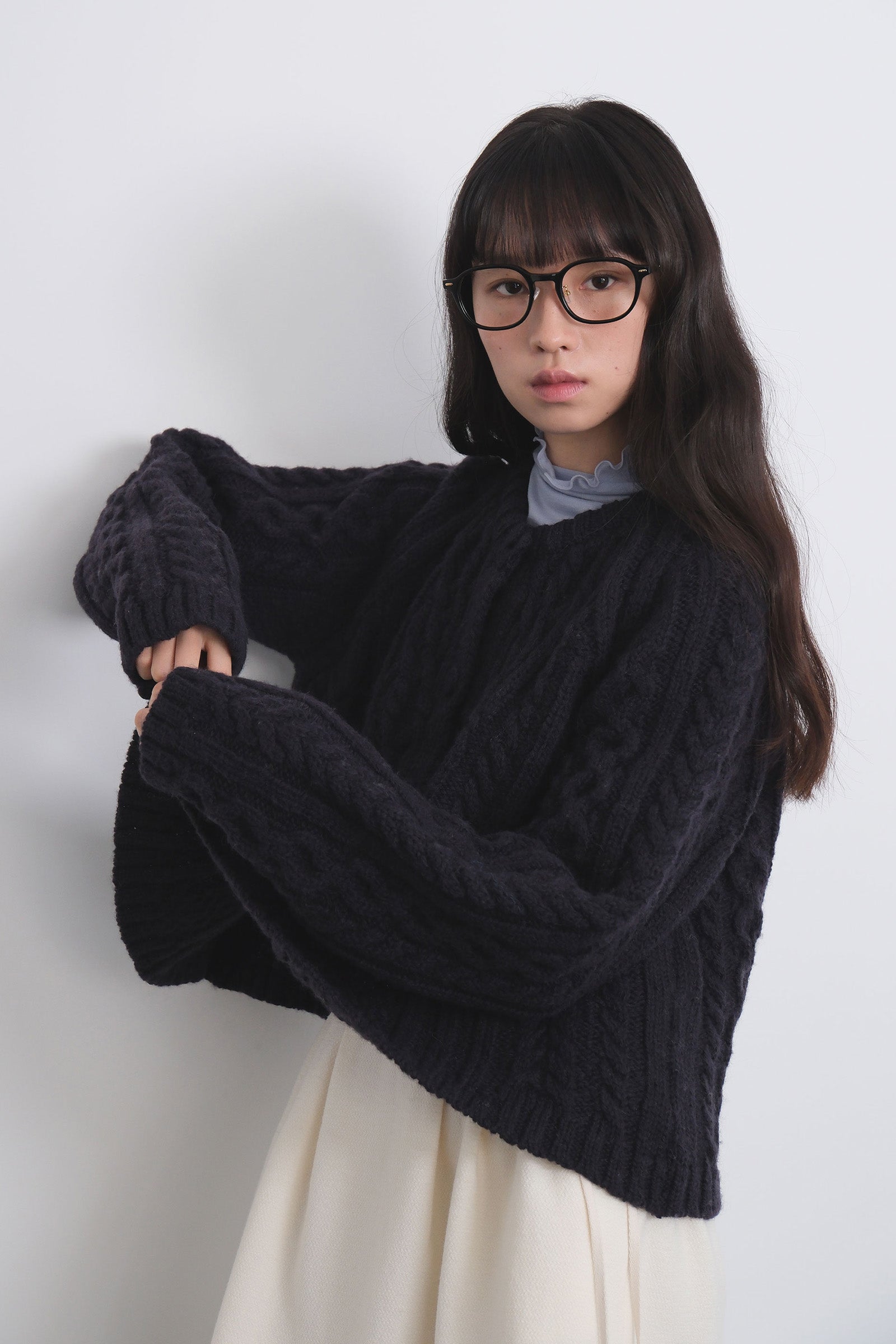 FLARE CABLE KNIT CARDIGAN_NAVY