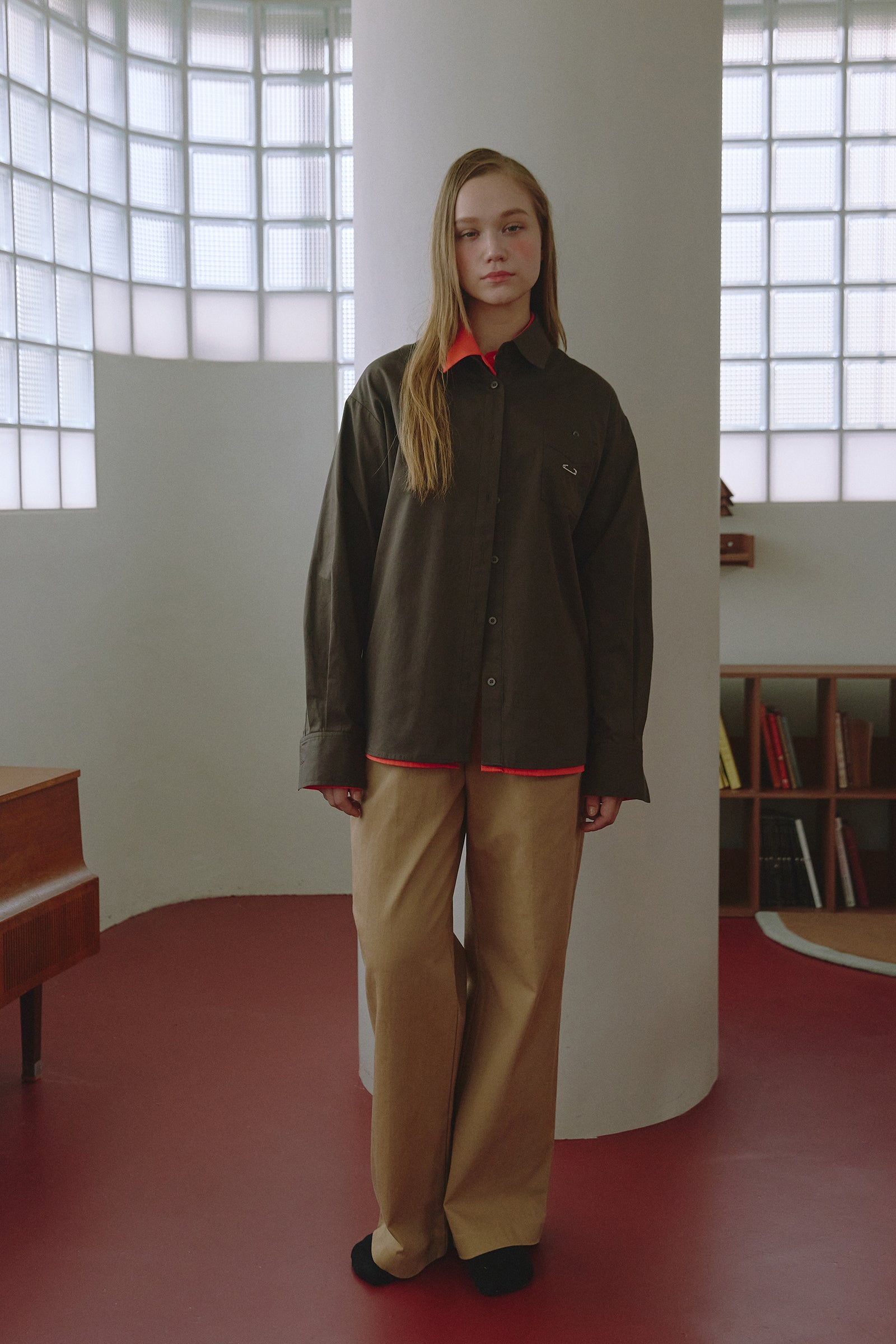 EMBROIDERY CHECK SHIRT_MARRON