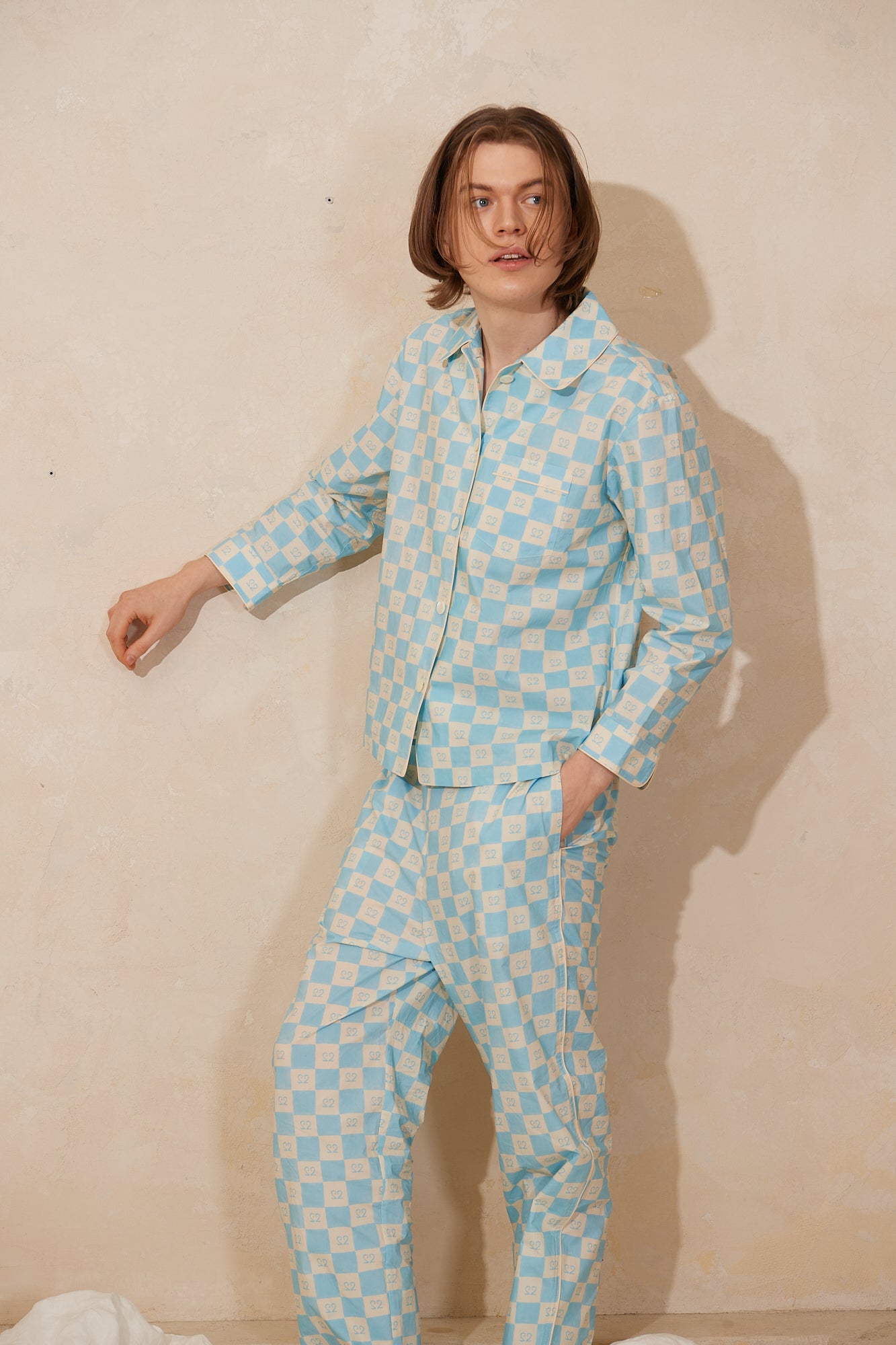 COTTON AQUA BLUE SQUARE PAJAMA SET