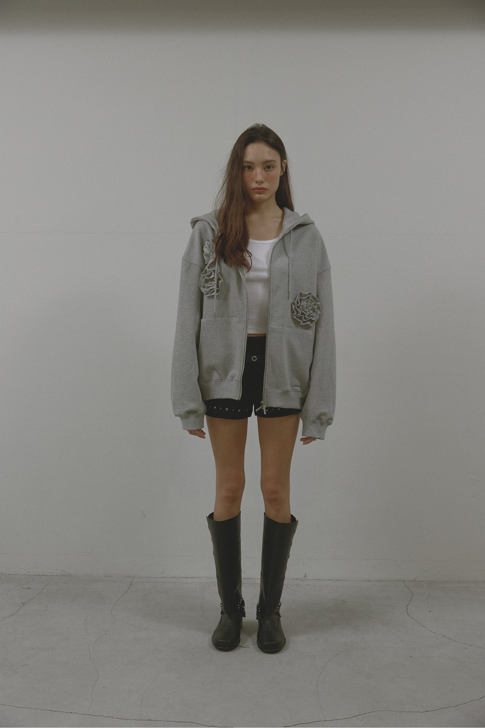 FLOWER HOOD ZIP UP_MELANGE GREY