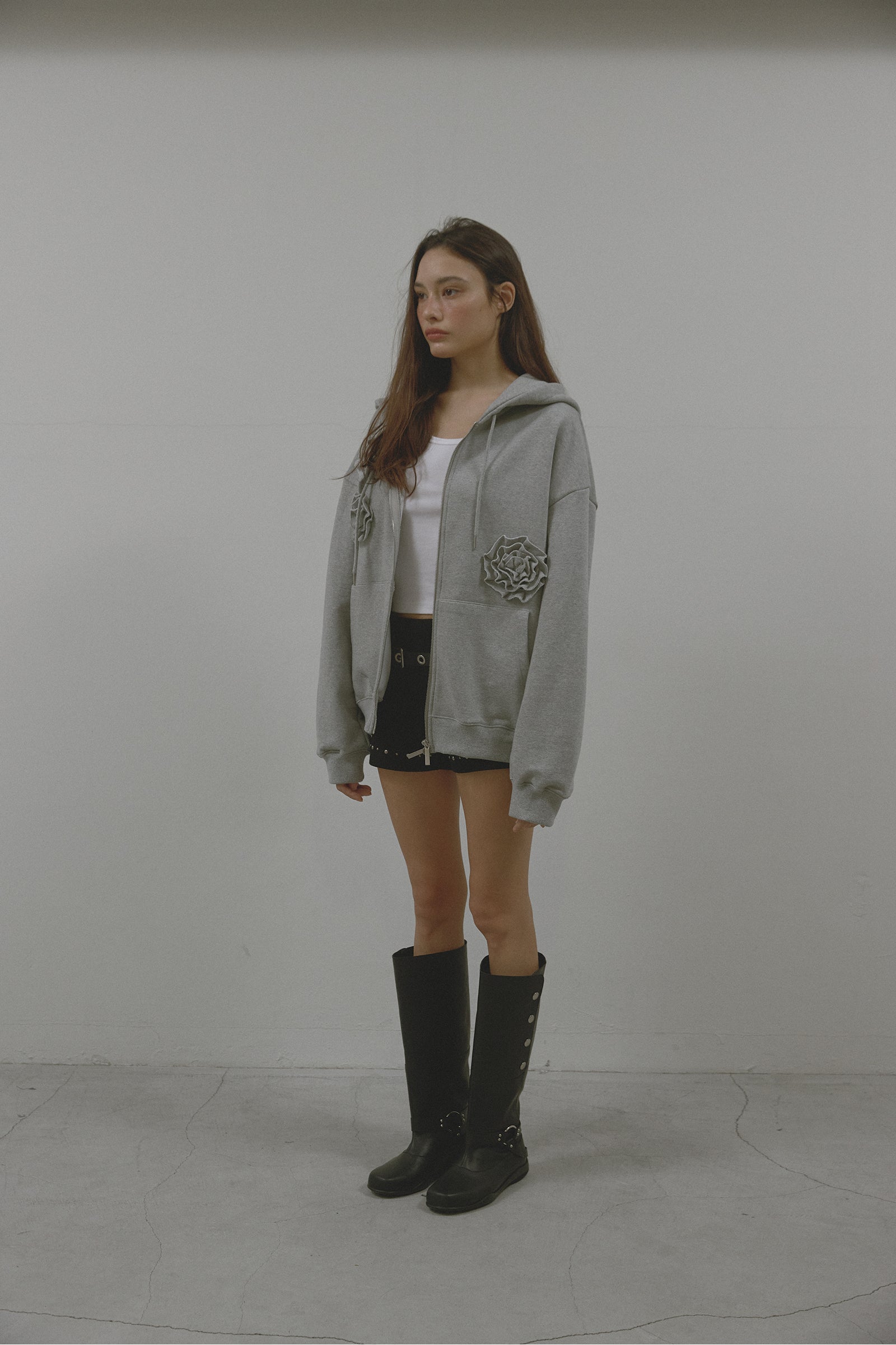 FLOWER HOOD ZIP UP_MELANGE GREY