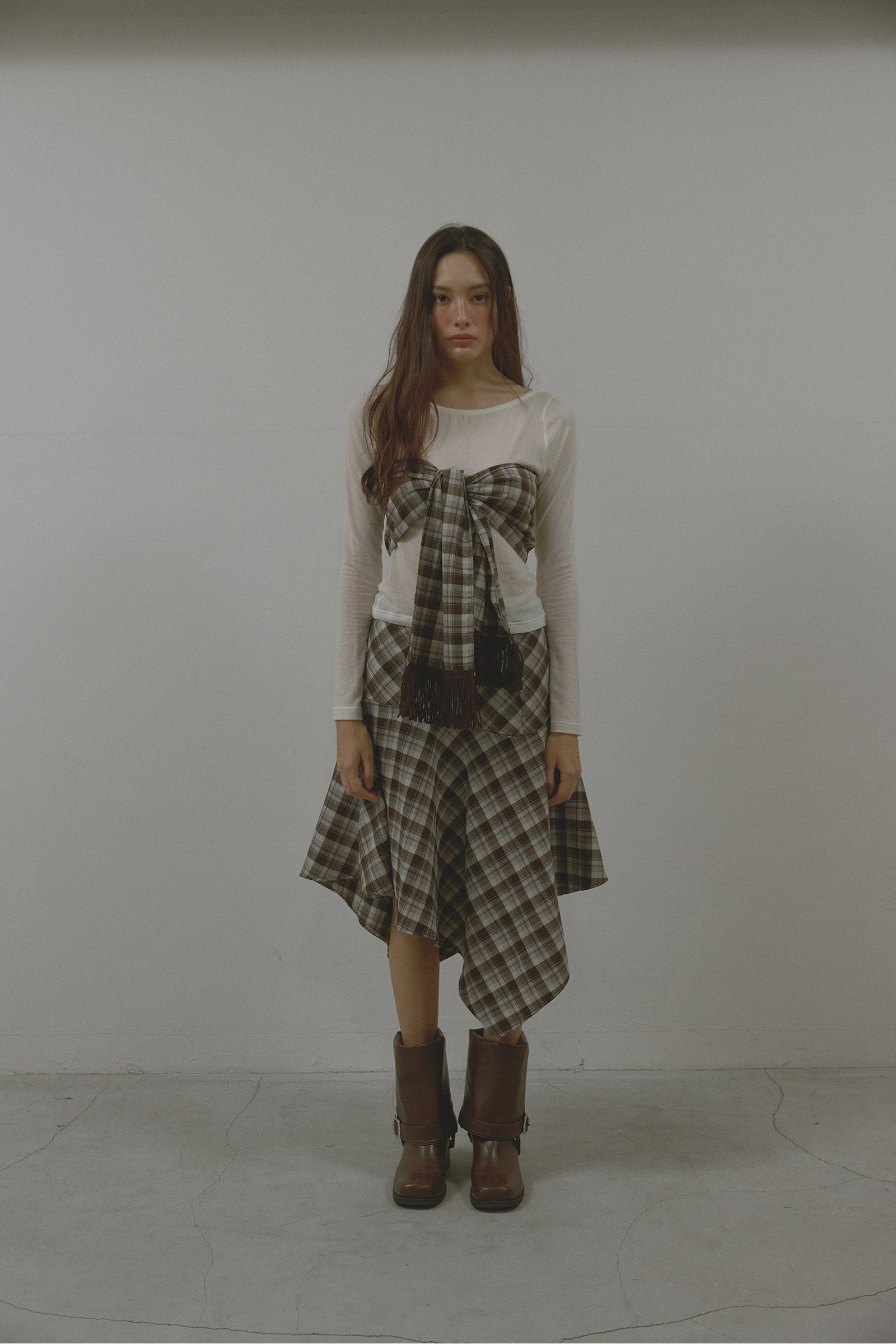 CHECK UNBALANCE HOOL SKIRT_BROWN