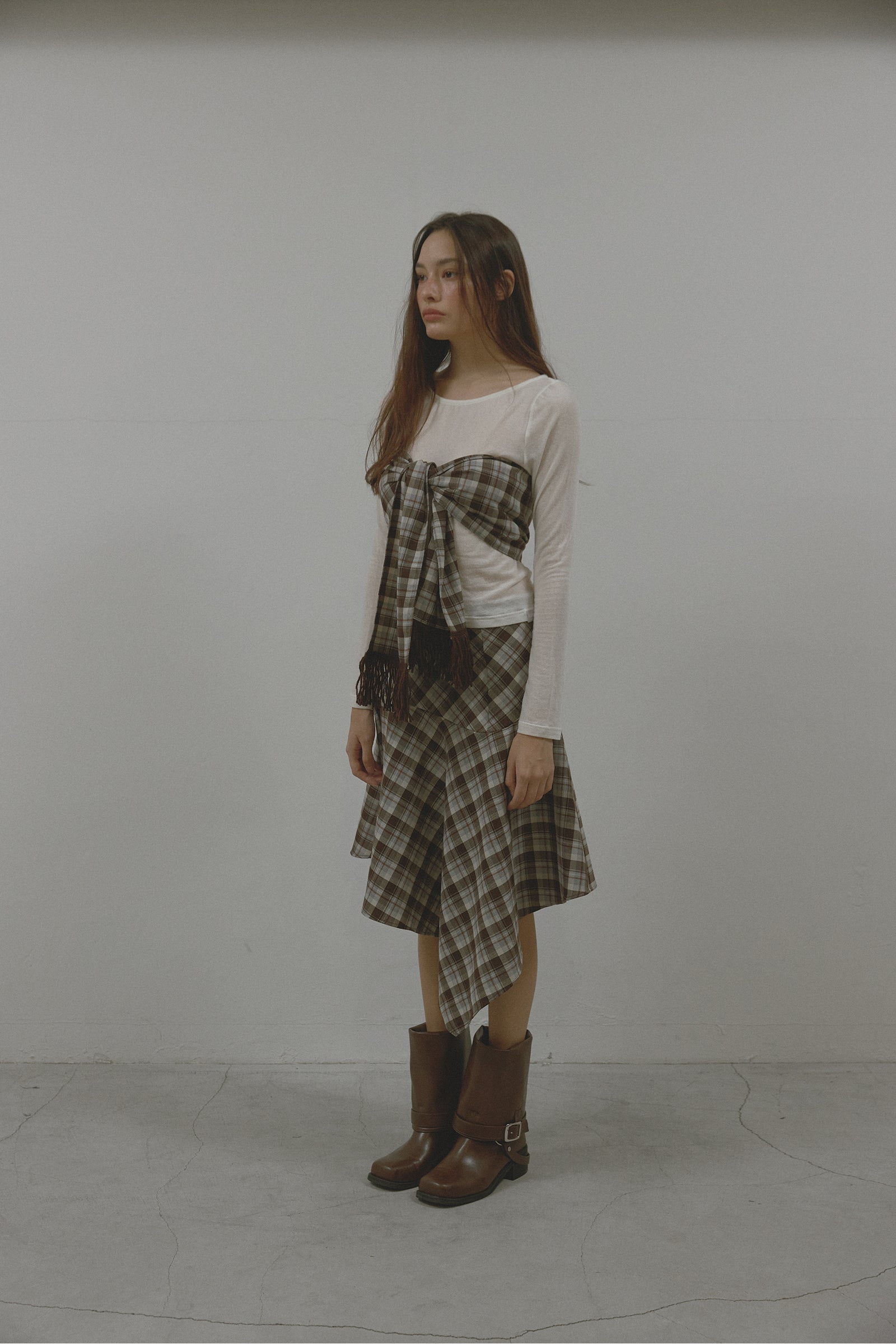 CHECK UNBALANCE HOOL SKIRT_BROWN