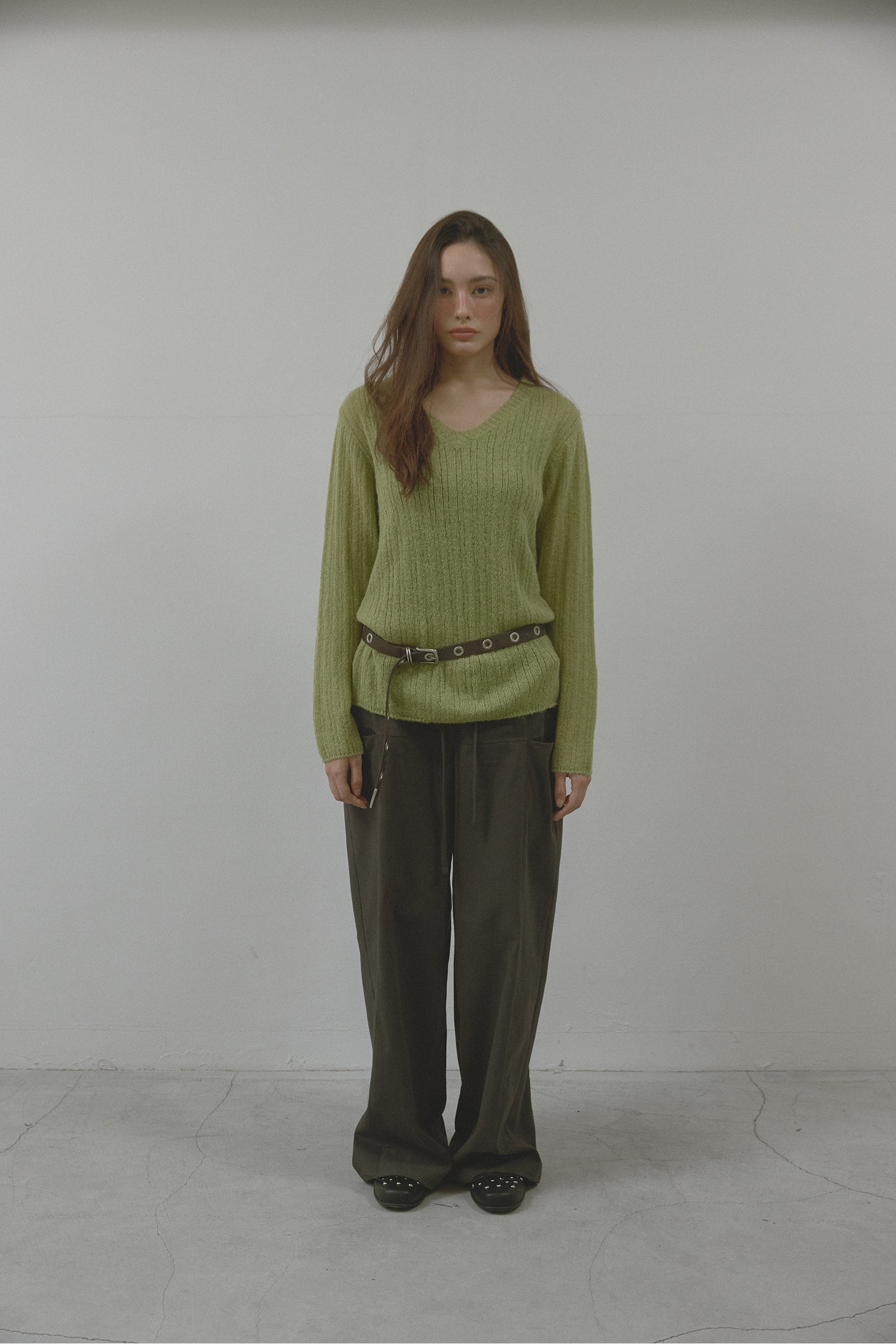V-NECK GOLGI KNIT_OLIVE