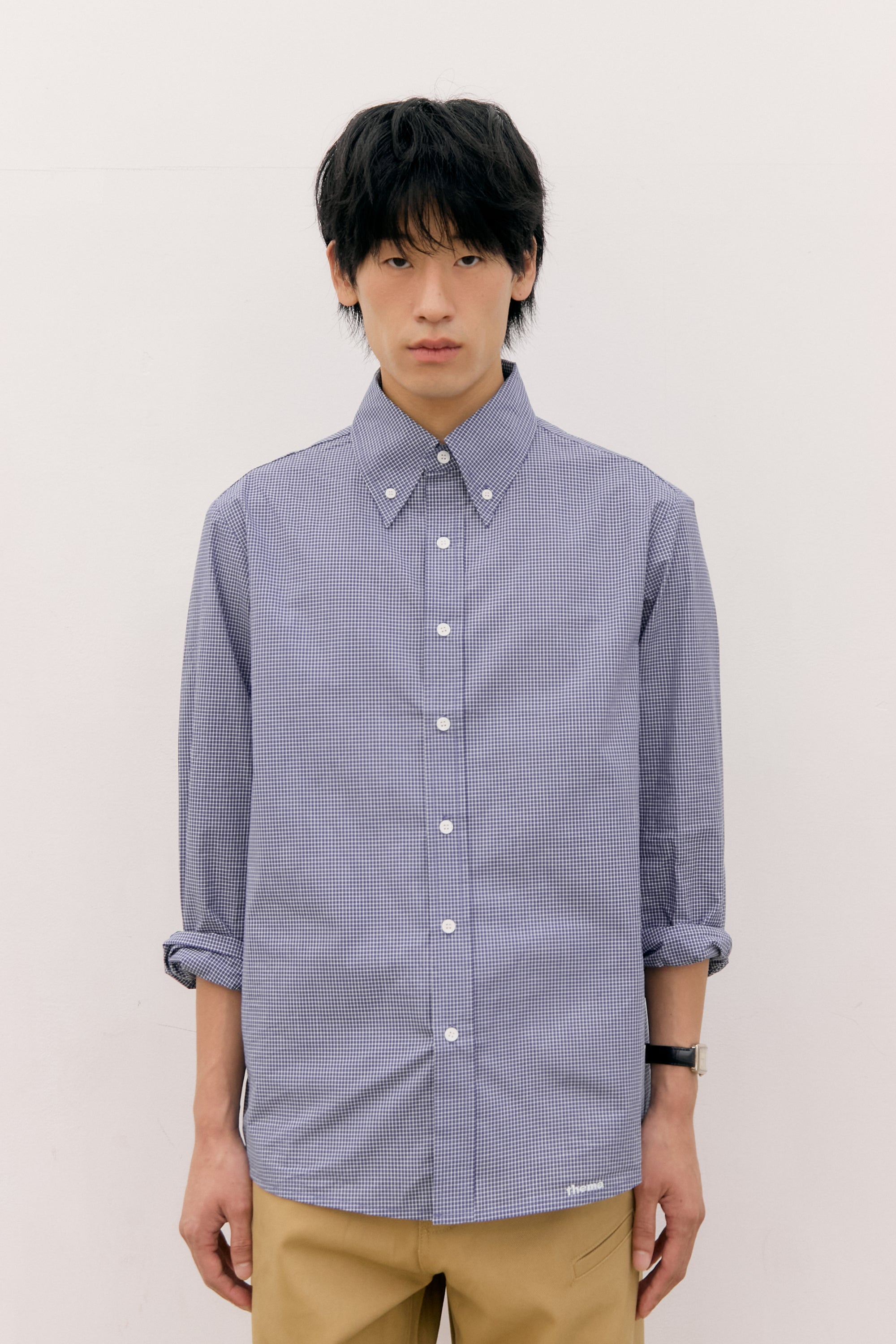 CHEMISE À CARREAUX À MANCHES RETROUSSÉES_BLEU MARINE
